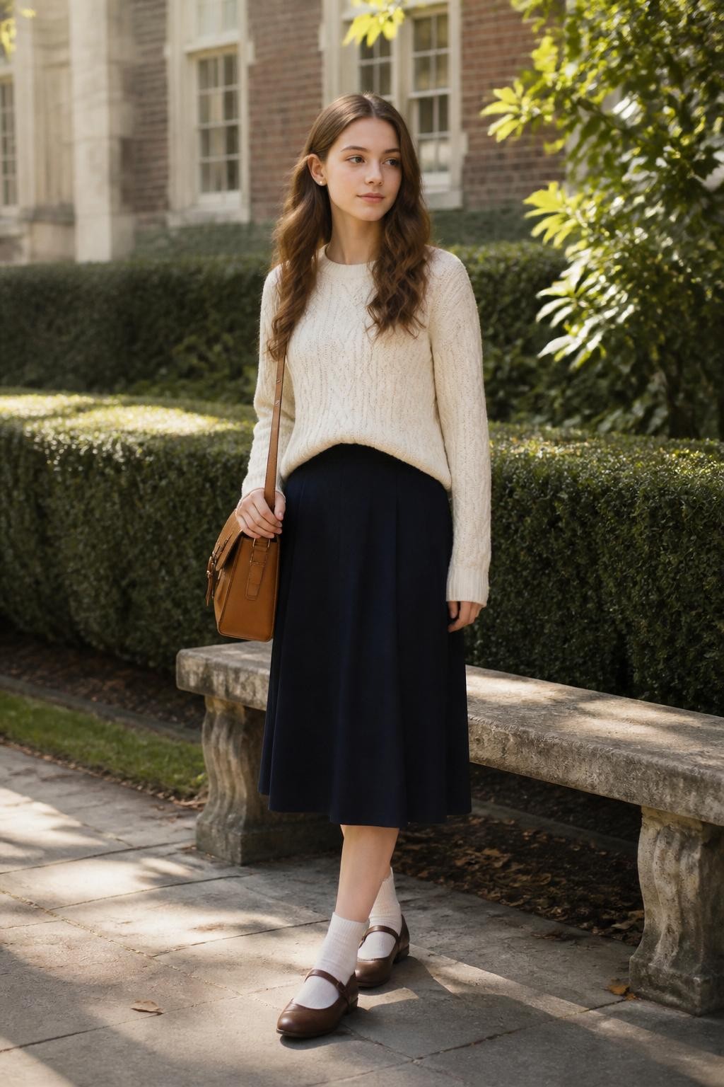 Image Prompt:
A soft old money school outfit showing a teen girl wearing a cream cable-knit sweater tucked lightly into a navy A-line midi skirt, brown Mary Jane flats, white ankle socks, a tan satchel-style school bag, small pearl earrings, and loose waves. She is standing in a quiet school garden with trimmed hedges, a stone bench, and soft afternoon light. Realistic editorial school fashion photography, full-body outfit, cozy academic styling, no text, no watermark.