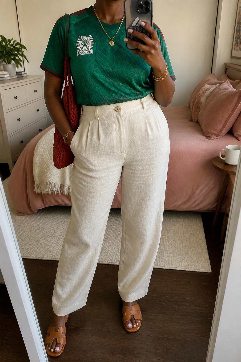 mirror selfie of a Black woman wearing a green Mexico soccer jersey, cream high-waisted linen pants, tan leather slide sandals, red woven shoulder bag, and gold layered bracelets, clearly showing the same clothing items, colors, fabrics, and accessories listed in the Outfit Pieces section, holding a phone in front of a mirror, cropped at NECK so the face does not show, with a relaxed casual selfie pose, in a feminine-themed bedroom, natural window light, including a small plant on a dresser and a coffee mug on a bedside table, latest iPhone photo quality.