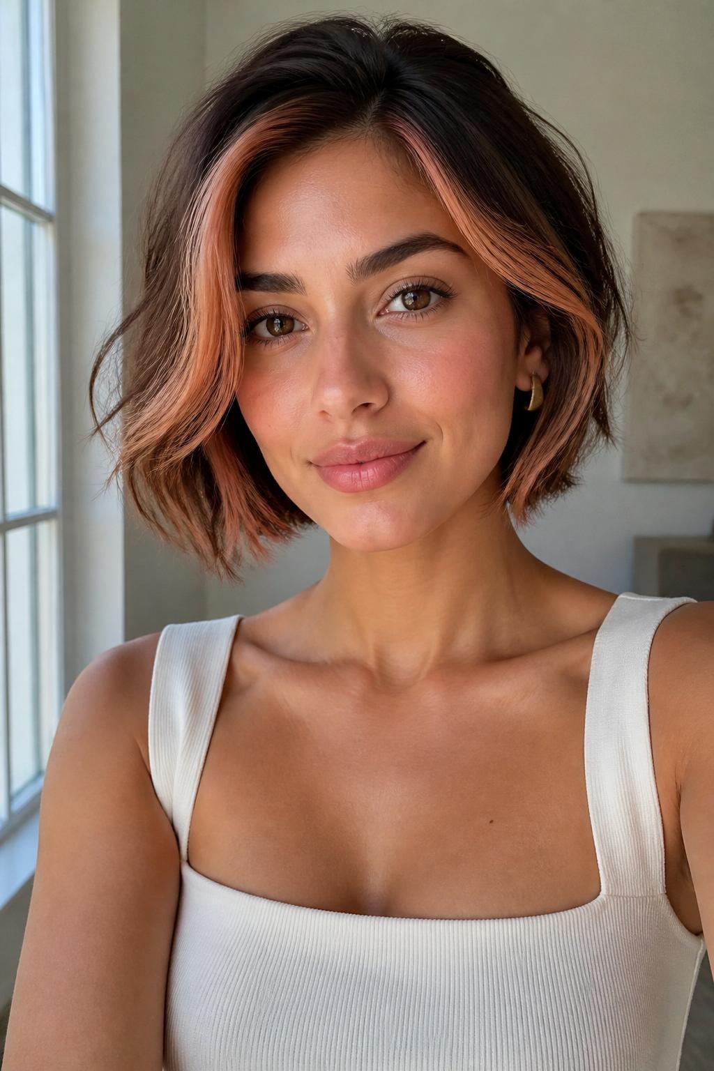 A realistic portrait of a woman with medium olive skin wearing a soft chin-length warm brown bob, peach halo color placed around the front hairline, side pieces, and underlayer near the jawline, brown base with soft cinnamon warmth, peach tone muted and creamy, bob styled with loose bends, one side tucked to reveal peach underneath, cream square-neck top, bright window light, neutral room background, realistic strands, natural skin texture.
