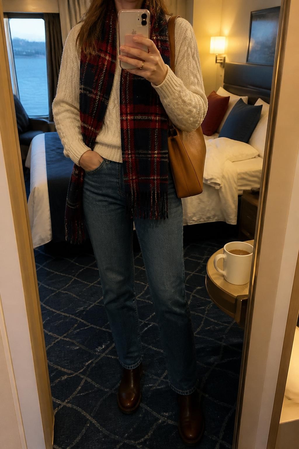 Outfit Image Prompt:
mirror selfie of a woman wearing an ivory cable knit sweater, medium-wash straight-leg jeans, a red and navy plaid wool scarf, brown waterproof Chelsea boots, and a tan leather shoulder bag, holding a phone in front of a mirror, cropped at NECK so the face does not show, relaxed casual selfie pose, in a cozy cruise cabin mirror setup with warm moody lighting, including a coffee mug on a small table and soft pillows on an unmade bed, realistic latest iPhone photo quality, natural casual mirror selfie.