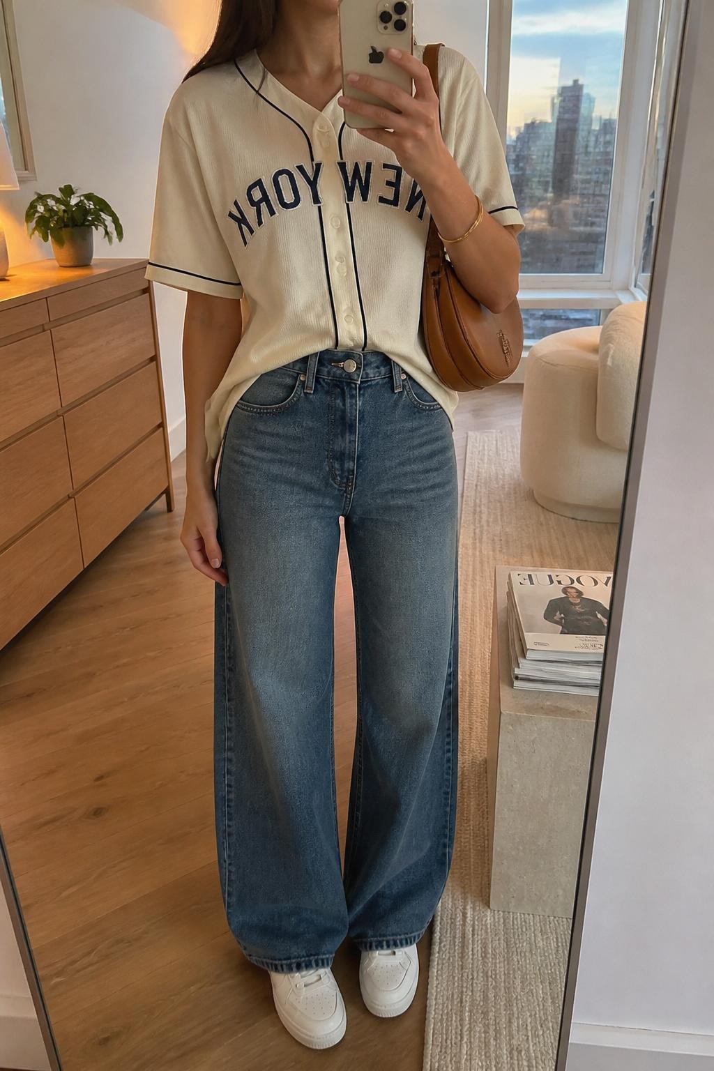 mirror selfie of a woman wearing a cream button-front baseball jersey, medium blue high-waisted wide-leg jeans, white leather sneakers, tan crescent shoulder bag, and gold bangle bracelet, clearly showing the same clothing items, colors, fabrics, and accessories listed in the Outfit Pieces section, holding a phone in front of a mirror, cropped at NECK so the face does not show, with a relaxed casual selfie pose, in a stylish city apartment, evening golden hour, including a small plant on a dresser and a stack of fashion magazines on a side table, latest iPhone photo quality.