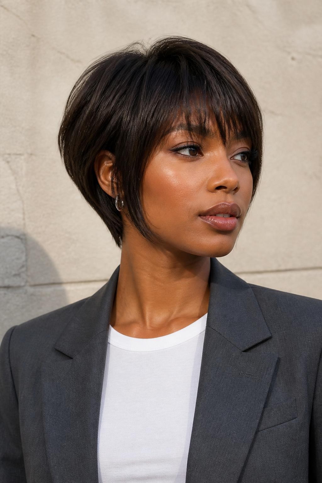 A realistic editorial portrait of a Black woman with medium brown skin wearing a micro-stacked angled bob, deep mocha brown hair, short stacked layers at the nape, angled sides ending around the jawline, soft baby bangs with slightly feathered uneven tips, clean tapered neckline, lightly textured crown, natural baby hairs, small silver hoops, white fitted tee under a charcoal blazer, photographed against a pale stone wall with soft studio lighting, natural skin texture, realistic hair movement, modern short haircut portrait.