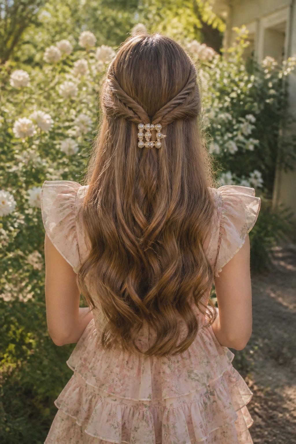 Image Prompt:
A realistic back-view hairstyle photo of a woman with long caramel brown hair styled half up half down with two slim side braids meeting at the back and secured with a flat pearl claw clip, loose waves flowing down the back, pastel dress, outdoor garden setting, warm natural light, creative romantic hairstyle inspiration, high-resolution DSLR photo, no text, (no watermarks on images)
