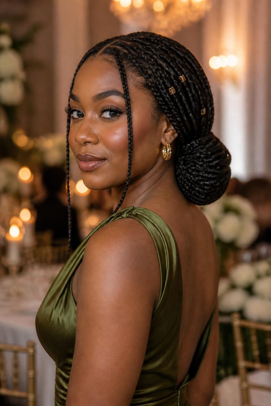 Image Prompt:
A realistic editorial portrait of a black woman with long knotless box braids styled into a low braided bun for a wedding guest look, braids neatly wrapped into a rounded bun at the nape, a few front braids left loose, gold cuff accents, warm brown skin, olive satin dress, elegant indoor wedding venue background, warm refined lighting, polished protective hairstyle inspiration, high-resolution DSLR photo, no text, (no watermarks on images)
