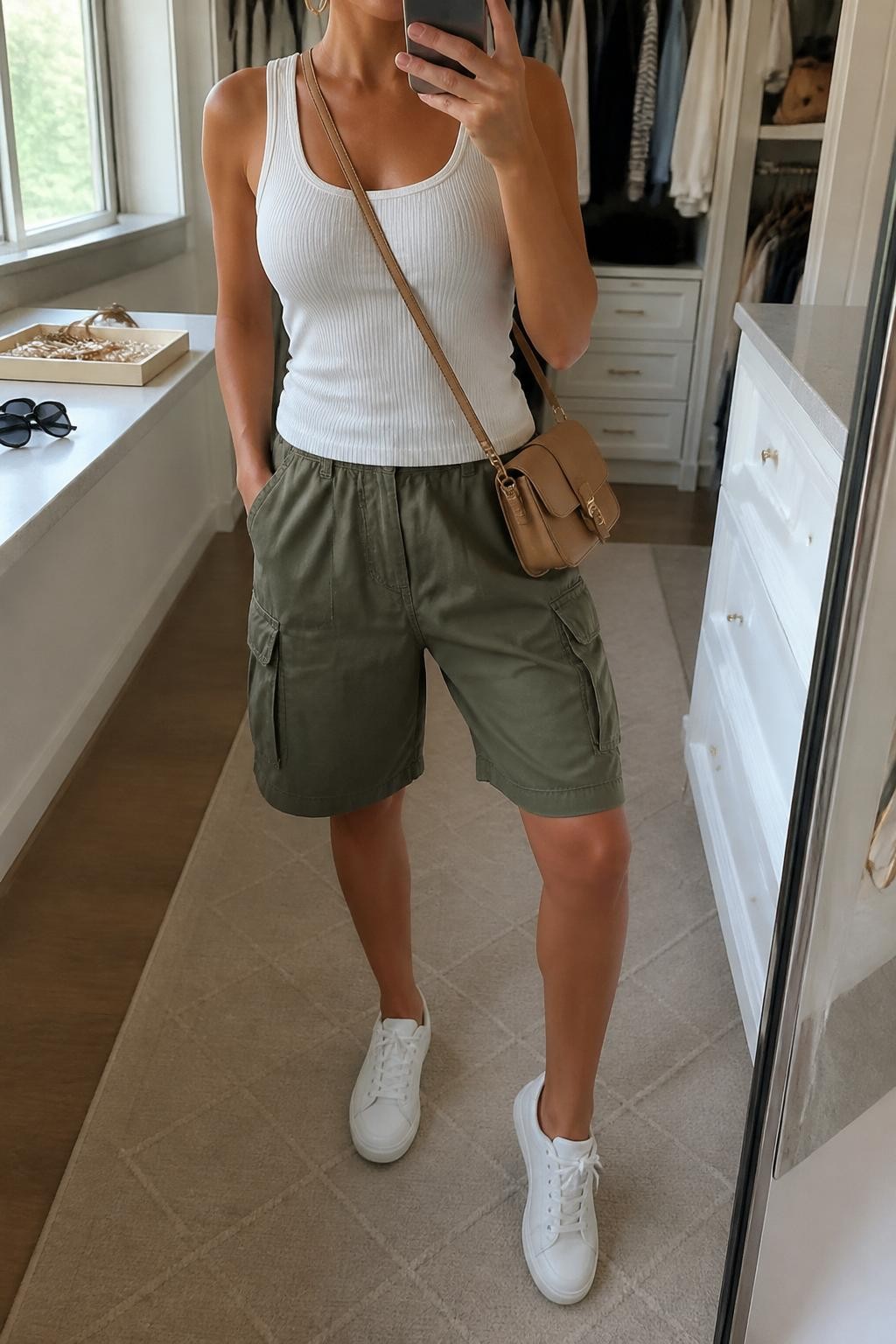 mirror selfie of a woman wearing olive green baggy cargo shorts, fitted white ribbed tank top, white low-top sneakers, tan mini crossbody bag, and gold hoop earrings, clearly showing the same clothing items, colors, fabrics, and accessories listed in the Outfit Pieces section, holding a phone in front of a mirror, cropped at NECK so the face does not show, with a relaxed casual selfie pose, in a walk-in closet mirror, natural window light, including sunglasses placed on a dresser and a jewelry tray on the vanity, latest iPhone photo quality.