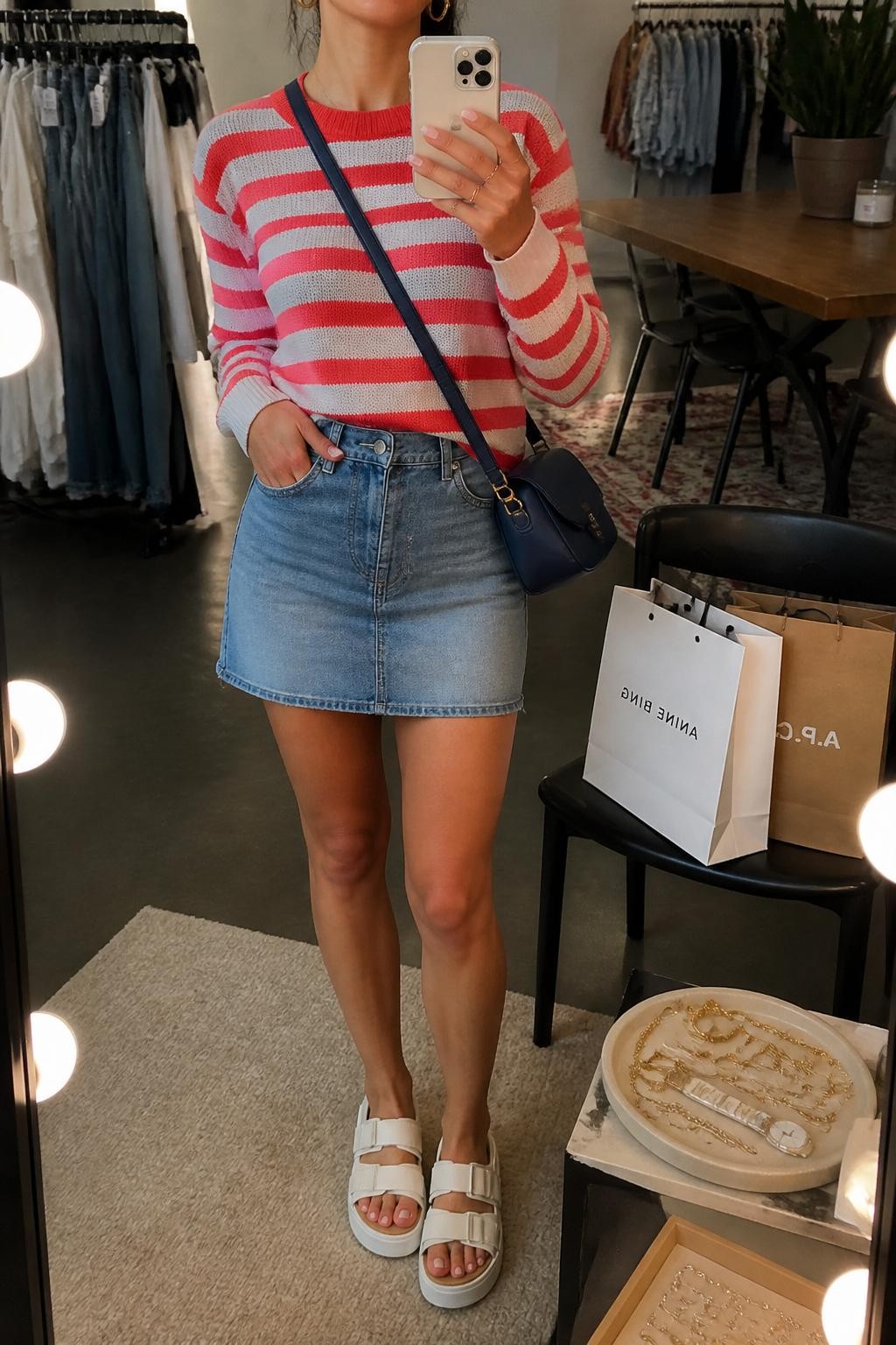 Image Prompt:
mirror selfie of a woman wearing a red-and-white striped lightweight knit sweater, medium-wash denim mini skirt, white platform sandals, a navy crossbody bag, and simple gold hoop earrings, clearly showing the same clothing items, colors, fabrics, and accessories listed in the Outfit Pieces section, holding a phone in front of a mirror, cropped at NECK so the face does not show, with a relaxed casual selfie pose, in a fashion studio mirror corner, warm moody lighting, with shopping bags beside a chair and a jewelry tray on the vanity, natural casual mirror selfie, not staged, latest iPhone photo quality.