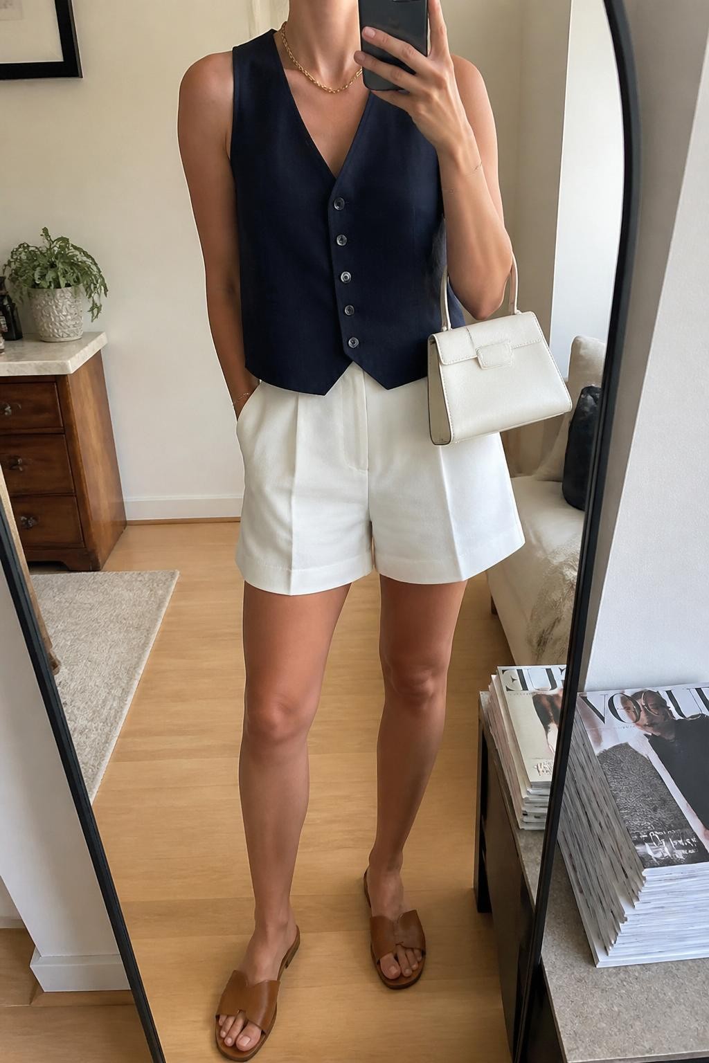 Image Prompt:
mirror selfie of a woman wearing a navy linen button-front vest, white high-waisted tailored shorts, tan leather slide sandals, a structured white mini bag, and a simple gold chain necklace, clearly showing the same clothing items, colors, fabrics, and accessories listed in the Outfit Pieces section, holding a phone in front of a mirror, cropped at NECK so the face does not show, with a relaxed casual selfie pose, in a stylish city apartment, soft indoor lighting, with a stack of fashion magazines on a side table and a small plant on a dresser, natural casual mirror selfie, not staged, latest iPhone photo quality.