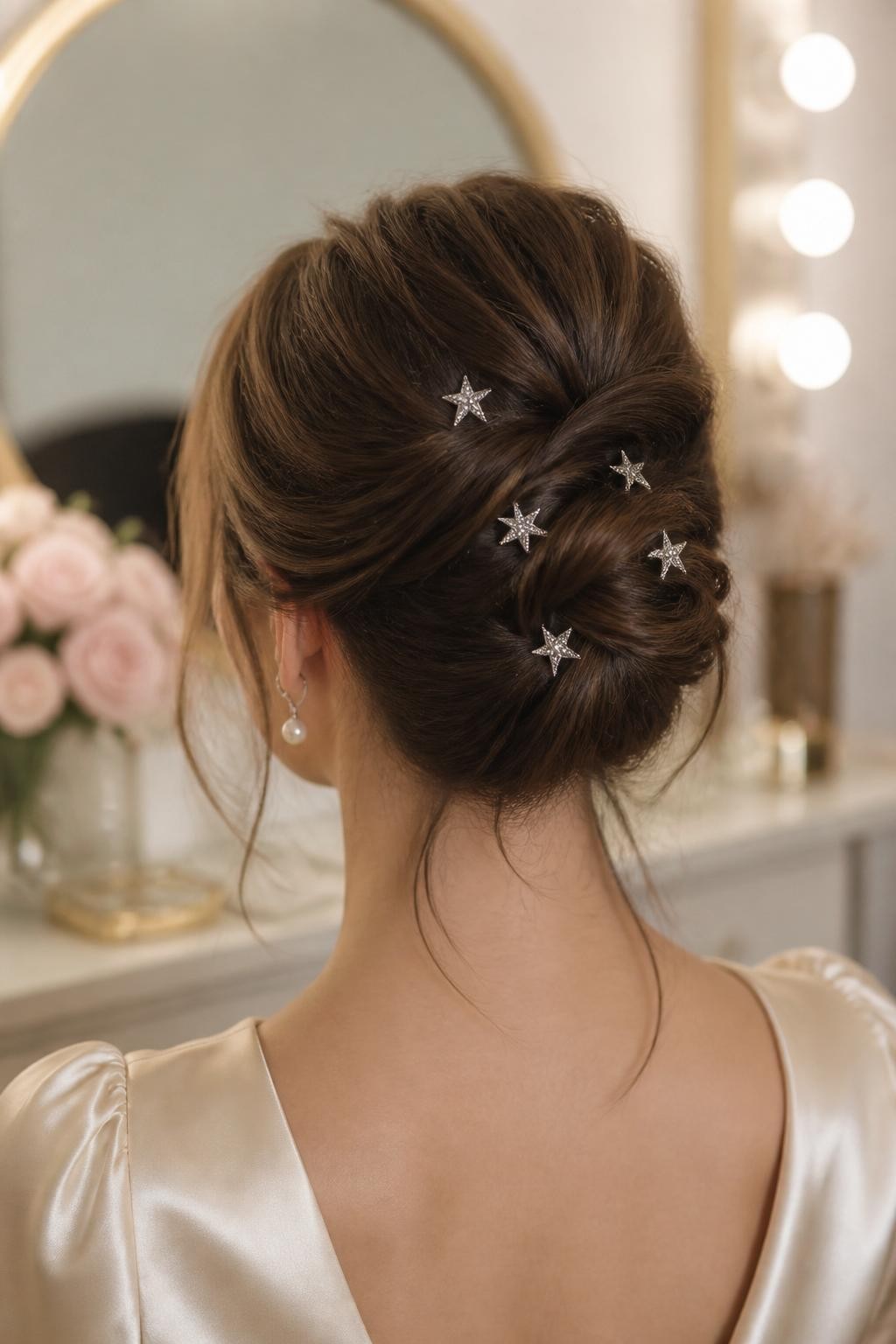 Image Prompt:
A realistic editorial hairstyle photo of a woman with medium-length brunette hair styled into a soft French twist, decorated with a cluster of small silver star clips placed across the twist, smooth crown with gentle volume, wispy strands around the face and nape, cream satin blouse, pearl earrings, softly blurred vanity background, warm glowy light, elegant feminine hairstyle inspiration, high-resolution DSLR photo, no text, (no watermarks on images)