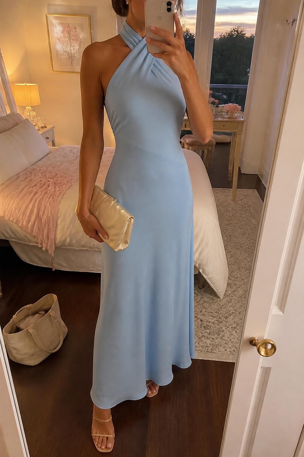 mirror selfie of a woman wearing a sky blue halter maxi dress with nude strappy heels, a champagne satin clutch, a thin gold bracelet, and hair in a sleek bun, holding a phone in front of a mirror, cropped at neck so face doesn't show, with a natural casual selfie pose, in a feminine-themed bedroom, evening golden hour, including small lived-in details like soft bedding and a tote bag on the floor, latest iPhone photo quality (no watermarks on images)
