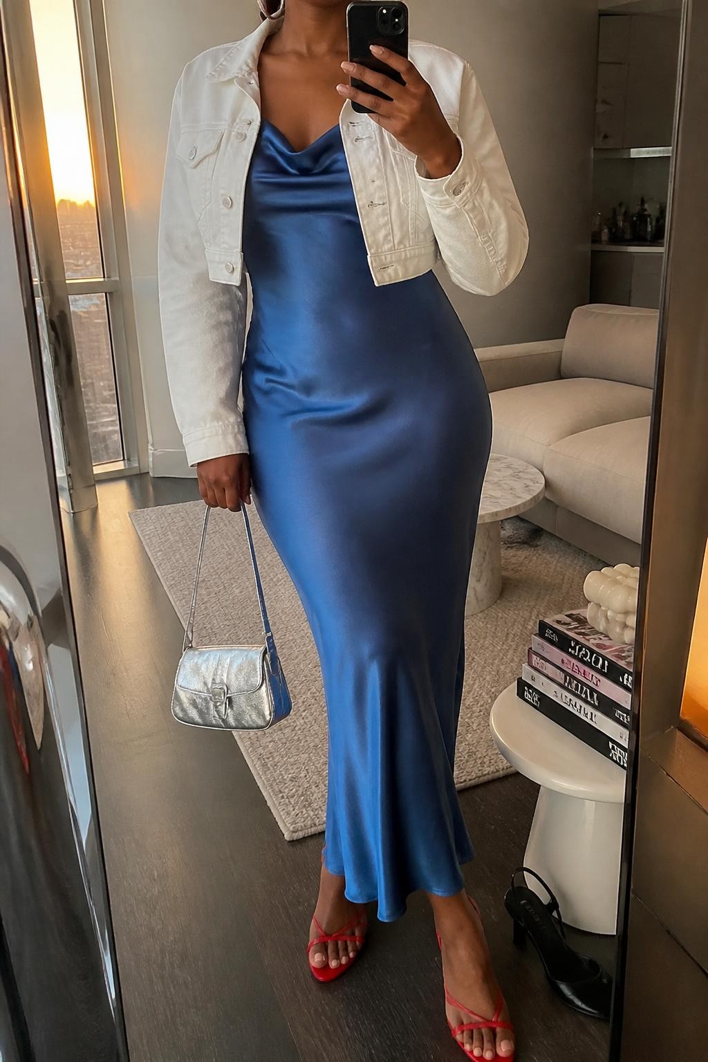Outfit Image Prompt:
mirror selfie of a Black woman with warm brown skin wearing a blue satin slip dress, white cropped denim jacket, red strappy heeled sandals, a silver mini bag, and silver hoop earrings, clearly showing the exact clothing items and accessories listed, holding a phone in front of a mirror, cropped at NECK so the face does not show, relaxed casual selfie pose, in a stylish city apartment, evening golden hour lighting, with a pair of heels on the floor nearby and a stack of fashion magazines on a side table, realistic latest iPhone photo quality, natural skin texture.