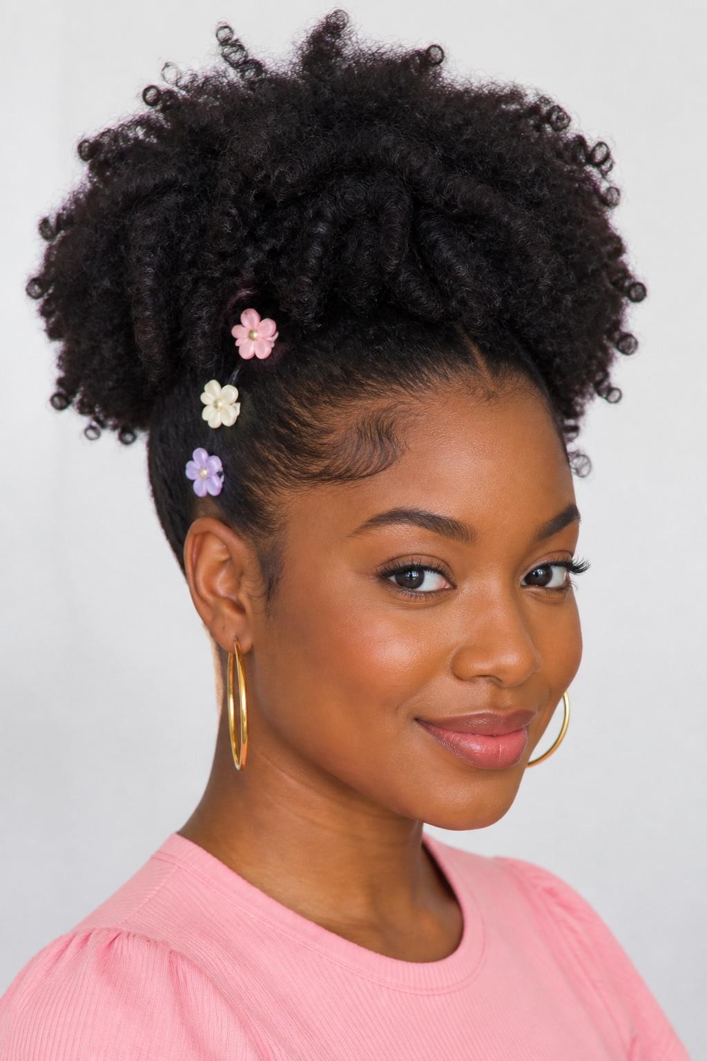 Image Prompt:
A realistic portrait of a black woman with medium-length coily natural hair styled into a high curly puff, three tiny flower mini claw clips placed along one side near the hairline, full textured puff shape, soft laid edges, warm brown skin, hoop earrings, pastel pink top, bright clean studio background, playful natural hair inspiration, high-resolution DSLR photo, no text, (no watermarks on images)