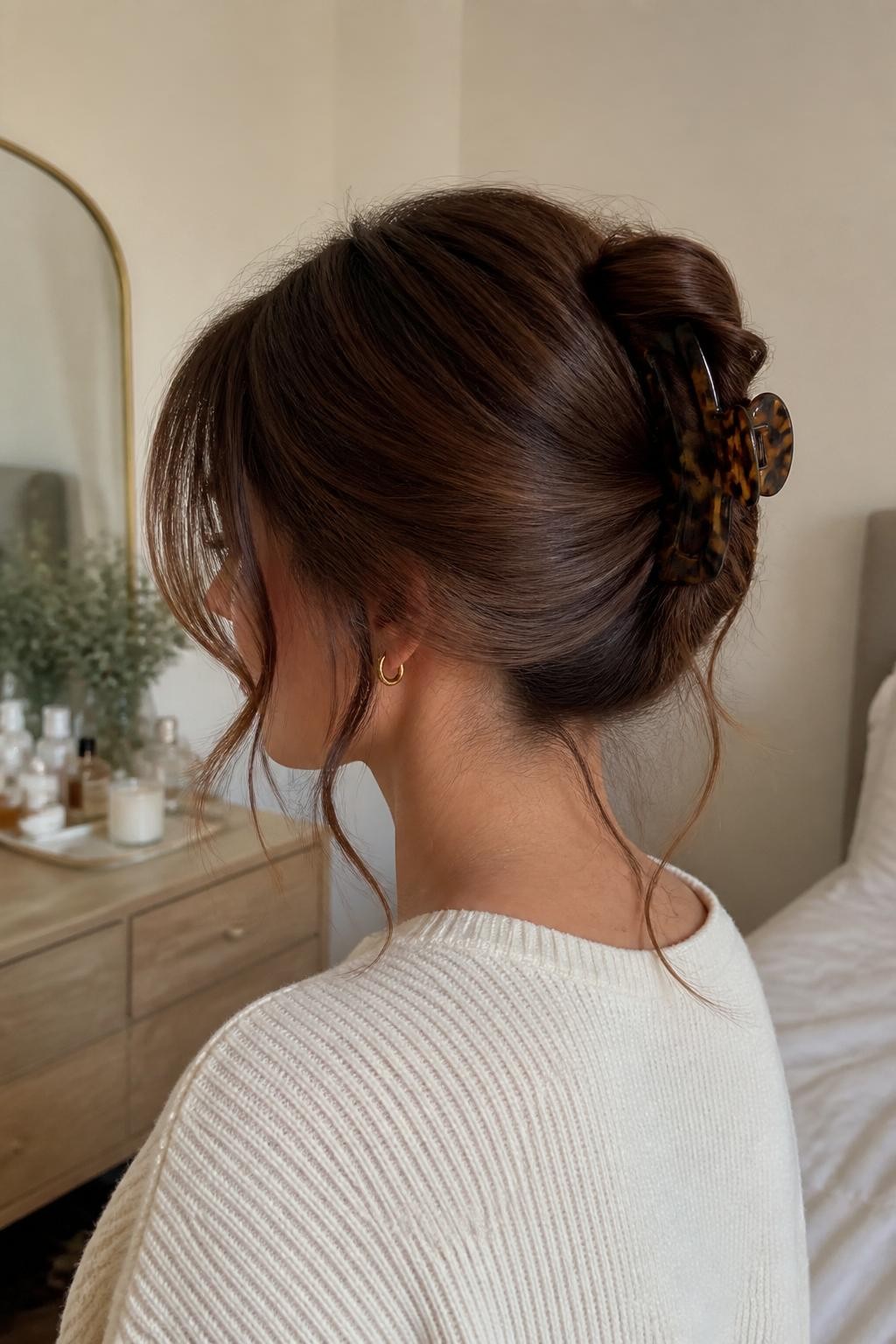 Image Prompt:
A realistic editorial beauty photo of a woman with medium-length brunette hair styled into a soft French twist secured with a flat tortoiseshell claw clip, smooth crown with gentle volume, wispy face-framing strands around the cheeks and nape, cream knit sweater, small gold earrings, warm natural window light, neutral bedroom vanity background, elegant everyday hairstyle inspiration, high-resolution DSLR photo, no text, (no watermarks on images)