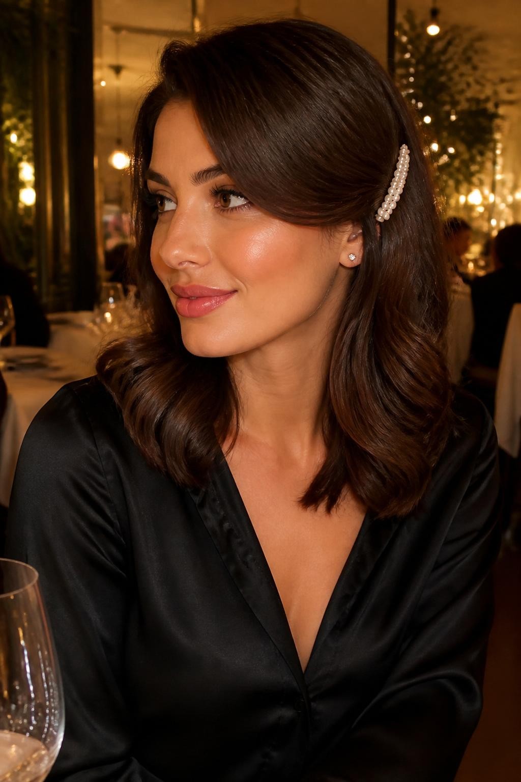 Image Prompt:
A realistic beauty photo of a woman with medium-length glossy brunette hair styled with a deep side sweep creating a faux side bang, the swept section secured behind the ear with a slim pearl French clip, soft bends through the ends, black satin blouse, softly lit restaurant background, warm evening light, chic romantic hairstyle inspiration, high-resolution DSLR photo, no text, (no watermarks on images)