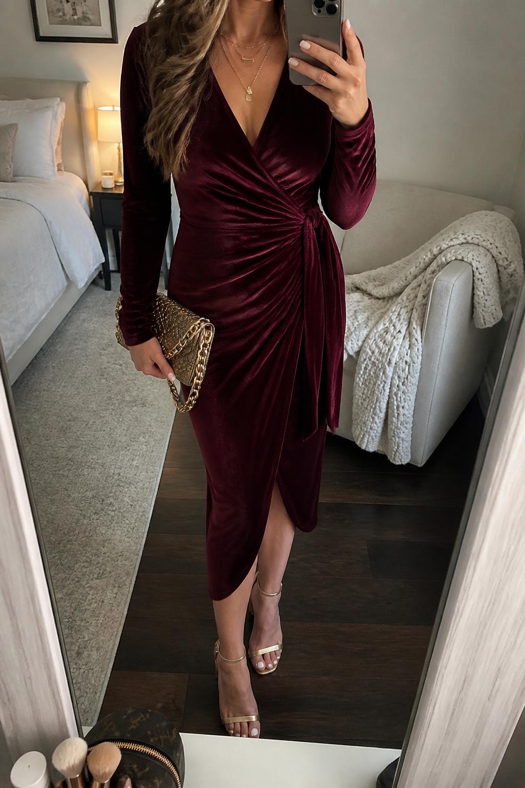 mirror selfie of a woman wearing an oxblood red velvet wrap midi cocktail dress, gold block-heel sandals, thin gold layered necklace, a gold chain clutch, and soft side waves with warm bronze makeup, clearly showing the same clothing items, colors, fabrics, and accessories listed in the Outfit Pieces section, holding a phone in front of a mirror, cropped at NECK so the face does not show, with a relaxed casual selfie pose, in a cozy bedroom mirror setup, soft indoor lighting, including folded blanket on a chair and a makeup brush or cosmetic bag on the counter, latest iPhone photo quality.