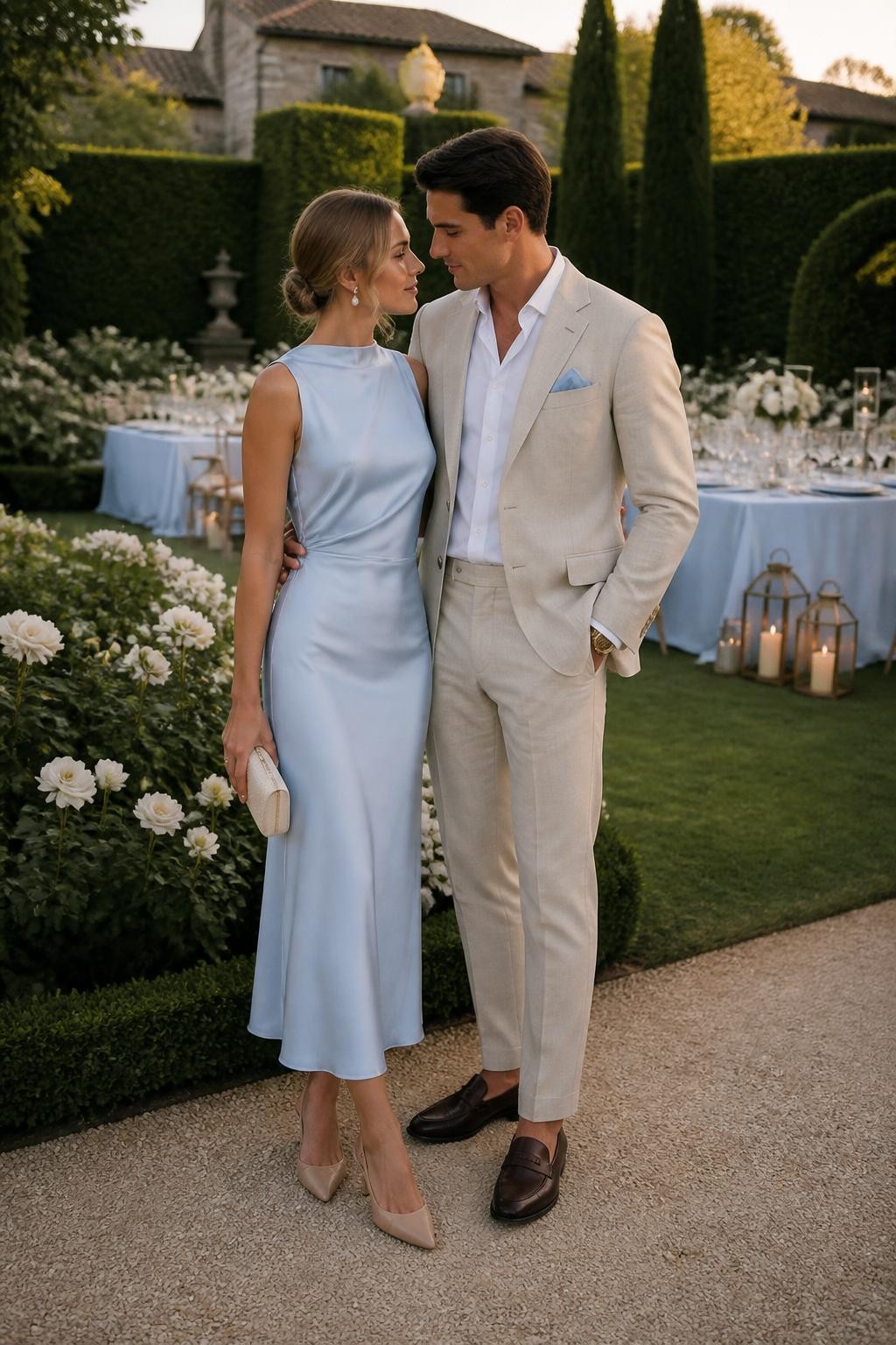 Image Prompt:
A romantic old money couple outfit featuring a couple at an elegant garden party with white roses, trimmed hedges, pale blue table linens, candle lanterns, and soft golden hour light. The woman wears a pale blue satin midi dress with nude slingback heels, pearl earrings, a small ivory clutch, and a soft low bun. The man wears a light beige linen suit with a white dress shirt, brown loafers, a pale blue pocket square, and a simple gold watch. The outfits should feel coordinated through pale blue, beige, ivory, and soft formal summer styling. Realistic DSLR editorial fashion photo, full-body couple styling, refined outdoor party mood, no text, no watermark.