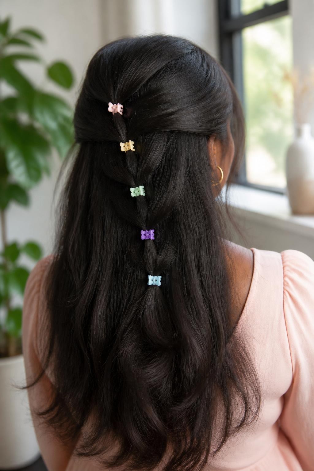 Image Prompt:
A realistic back-view editorial beauty photo of a black woman with long softly stretched natural hair styled with five tiny pastel mini claw clips placed in a gentle cascading waterfall pattern down the back of a half-up hairstyle, soft volume through the hair, warm brown skin, blush blouse, bright indoor natural light, feminine creative hairstyle inspiration, high-resolution DSLR photo, no text, (no watermarks on images)