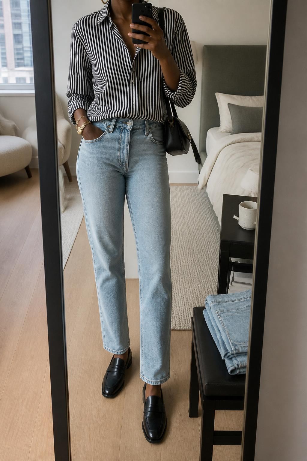 mirror selfie of a Black woman wearing a black and white stripe button-down shirt, light wash straight-leg jeans, black leather loafers, black mini shoulder bag, and chunky gold hoop earrings, clearly showing the same clothing items, colors, fabrics, and accessories listed in the Outfit Pieces section, holding a phone in front of a mirror, cropped at NECK so the face does not show, with a relaxed casual selfie pose, in a stylish city apartment, soft indoor lighting, including a coffee mug on a bedside table and folded denim jeans on a bench, latest iPhone photo quality.