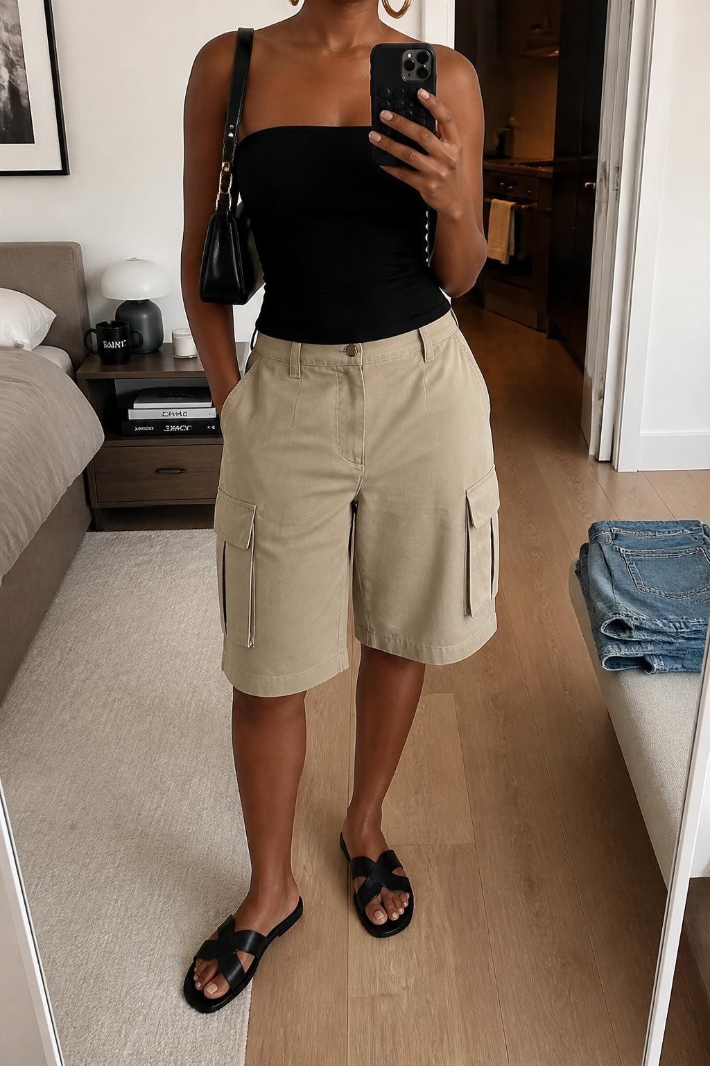 mirror selfie of a Black woman wearing khaki baggy cargo shorts, fitted black tube top, black leather slide sandals, black mini shoulder bag, and chunky gold hoop earrings, clearly showing the same clothing items, colors, fabrics, and accessories listed in the Outfit Pieces section, holding a phone in front of a mirror, cropped at NECK so the face does not show, with a relaxed casual selfie pose, in a stylish city apartment, soft indoor lighting, including a coffee mug on a bedside table and folded denim jeans on a bench, latest iPhone photo quality.