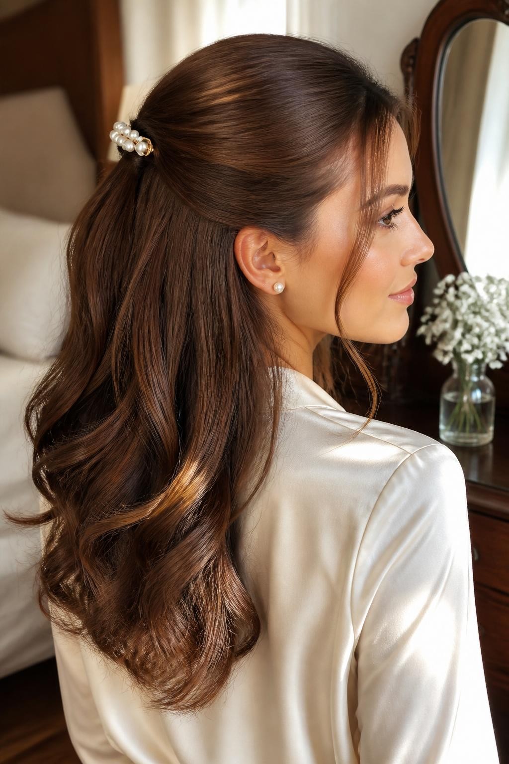 Image Prompt:
A realistic editorial beauty photo of a woman with long chestnut brown hair styled in a classic half-up hairstyle, the top section softly pulled back and secured with a polished pearl barrette clip at the crown, loose glossy waves flowing over the shoulders, delicate face-framing strands, cream satin blouse, pearl stud earrings, warm natural window light, elegant bedroom vanity background, feminine timeless hairstyle inspiration, high-resolution DSLR photography, no text, (no watermarks on images)