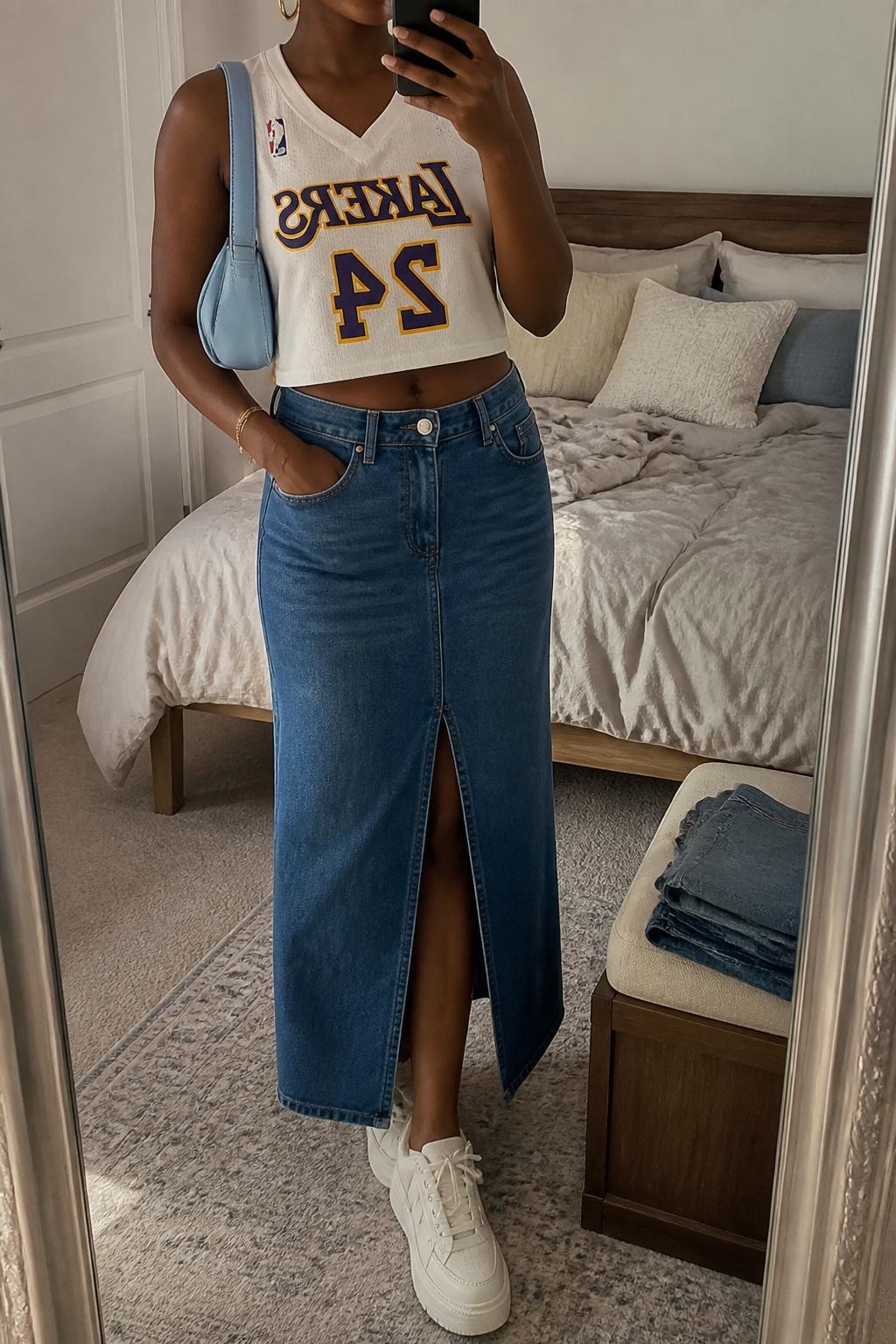 mirror selfie of a Black woman wearing a cropped white basketball jersey, medium blue denim maxi skirt with front slit, white platform sneakers, pale blue crescent shoulder bag, and gold hoop earrings, clearly showing the same clothing items, colors, fabrics, and accessories listed in the Outfit Pieces section, holding a phone in front of a mirror, cropped at NECK so the face does not show, with a relaxed casual selfie pose, in a cozy bedroom mirror setup, soft indoor lighting, including soft pillows on an unmade bed and folded denim jeans on a bench, latest iPhone photo quality.