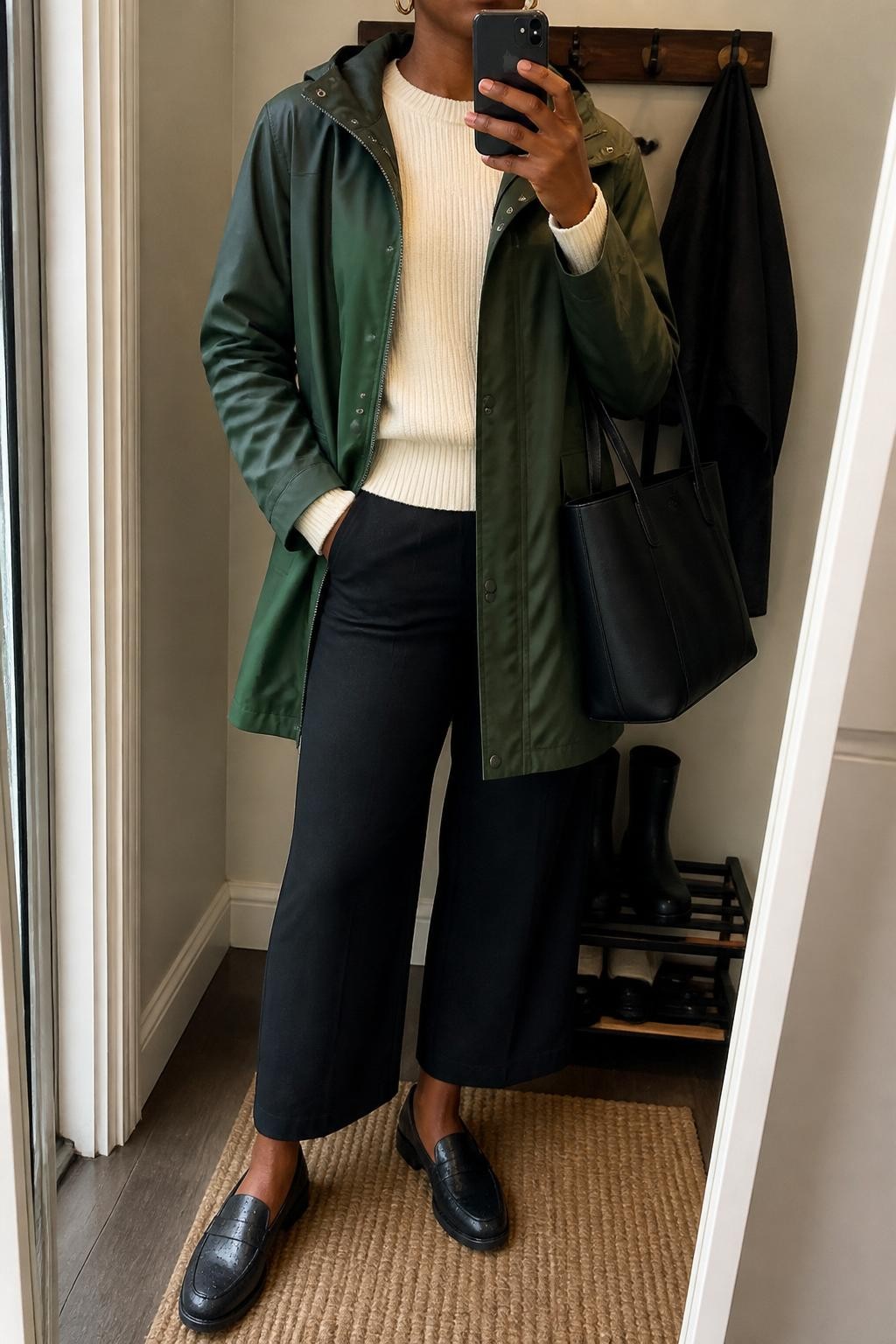 mirror selfie of a Black woman wearing the exact outfit described above, clearly showing a forest green hooded slicker jacket layered over a cream ribbed sweater, black cropped wide-leg trousers, black waterproof loafers, a structured black tote bag, and gold huggie earrings, holding a phone in front of a mirror, cropped at NECK so the face does not show, with a relaxed casual selfie pose, in a minimal entryway mirror, soft rainy daylight, with a raincoat hook behind her and a pair of boots on a shoe rack, latest iPhone photo quality.