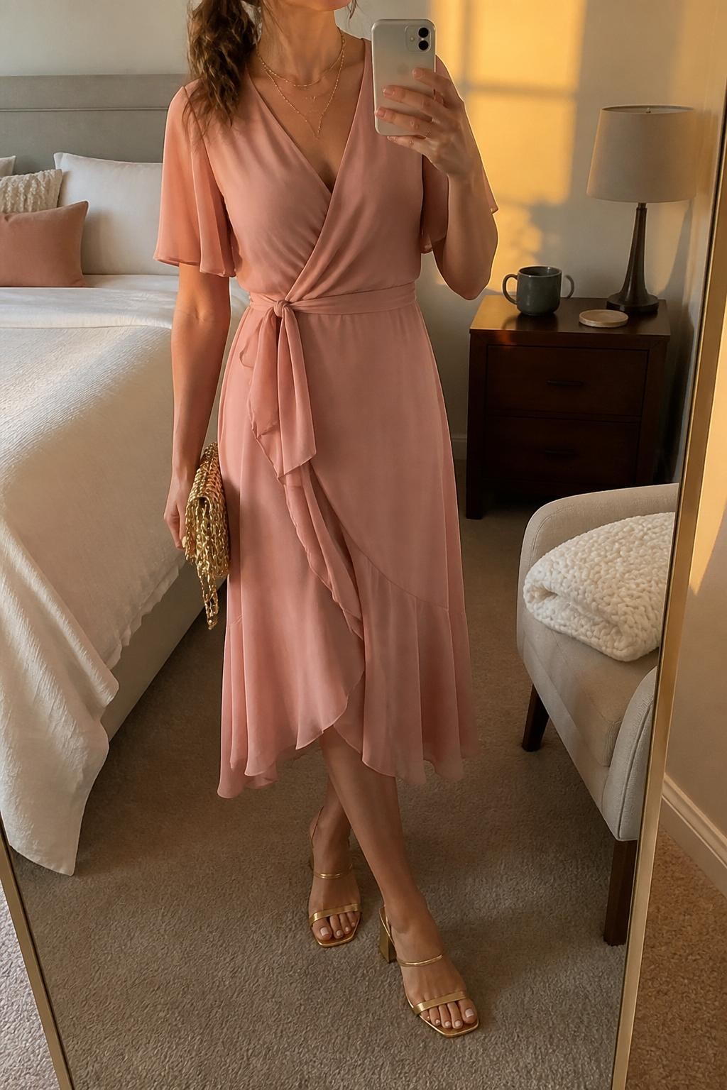 mirror selfie of a woman wearing a dusty pink chiffon wrap midi dress, gold block-heel sandals, thin gold layered necklace, gold chain clutch, and loose low ponytail with warm nude lipstick, clearly showing the same clothing items, colors, fabrics, and accessories listed in the Outfit Pieces section, holding a phone in front of a mirror, cropped at NECK so the face does not show, with a relaxed casual selfie pose, in a cozy bedroom mirror setup, evening golden hour, including a coffee mug on a bedside table and folded blanket on a chair, latest iPhone photo quality.