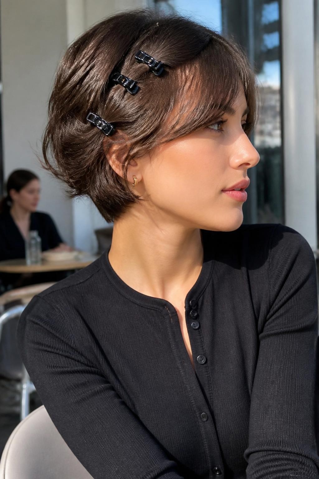 Image Prompt:
A realistic fashion beauty photo of a woman with a short pixie-bob haircut styled with soft flicked ends and three tiny matte black mini claw clips pinning back one side, side-swept fringe, gold studs, fitted cardigan, clean city café background, bright daylight, trendy short hairstyle inspiration, high-resolution DSLR photo, no text, (no watermarks on images)