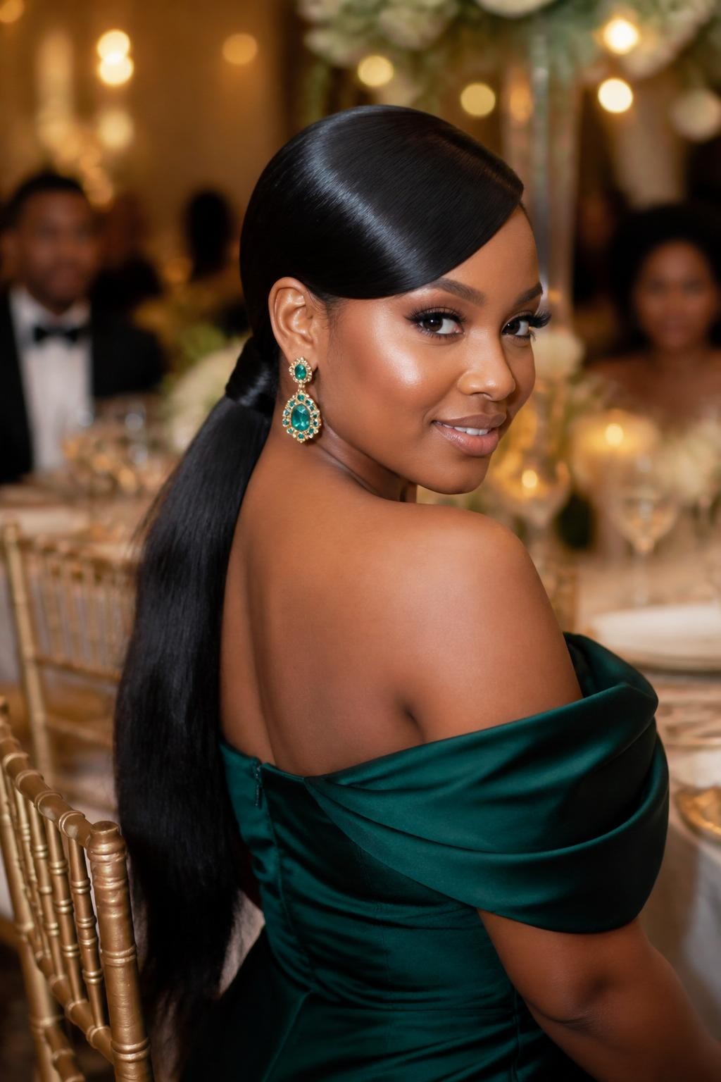 Image Prompt:
A realistic editorial hairstyle photo of a black woman with medium-long silk-pressed hair styled into a sleek low ponytail with a deep side part, smooth side sweep, wrapped ponytail base, glossy straight ponytail length, warm brown skin, statement earrings, emerald green formal gown, softly lit luxury wedding reception background, polished wedding guest beauty look, high-resolution DSLR photo, no text, (no watermarks on images)