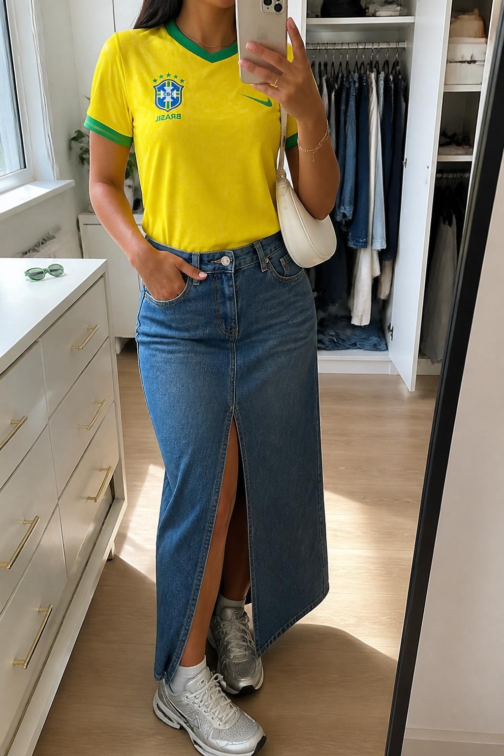 mirror selfie of a woman wearing a yellow Brazil soccer jersey, blue denim maxi skirt with front slit, silver and white sneakers, white crescent shoulder bag, and green sunglasses, clearly showing the same clothing items, colors, fabrics, and accessories listed in the Outfit Pieces section, holding a phone in front of a mirror, cropped at NECK so the face does not show, with a relaxed casual selfie pose, in a walk-in closet mirror, natural window light, including sunglasses placed on a dresser and an open closet with clothes visible, latest iPhone photo quality.