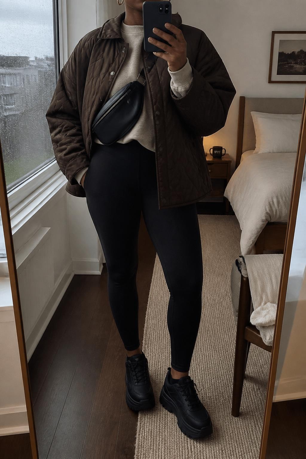 mirror selfie of a Black woman wearing the exact outfit described above, clearly showing a chocolate brown quilted jacket layered over an oatmeal oversized sweatshirt, black high-waist leggings, black waterproof platform sneakers, a black belt bag worn crossbody, and small gold hoop earrings, holding a phone in front of a mirror, cropped at NECK so the face does not show, with a relaxed casual selfie pose, in a cozy bedroom mirror setup, gray rainy morning light, with a coffee mug on a bedside table and a pair of socks on a chair, latest iPhone photo quality.