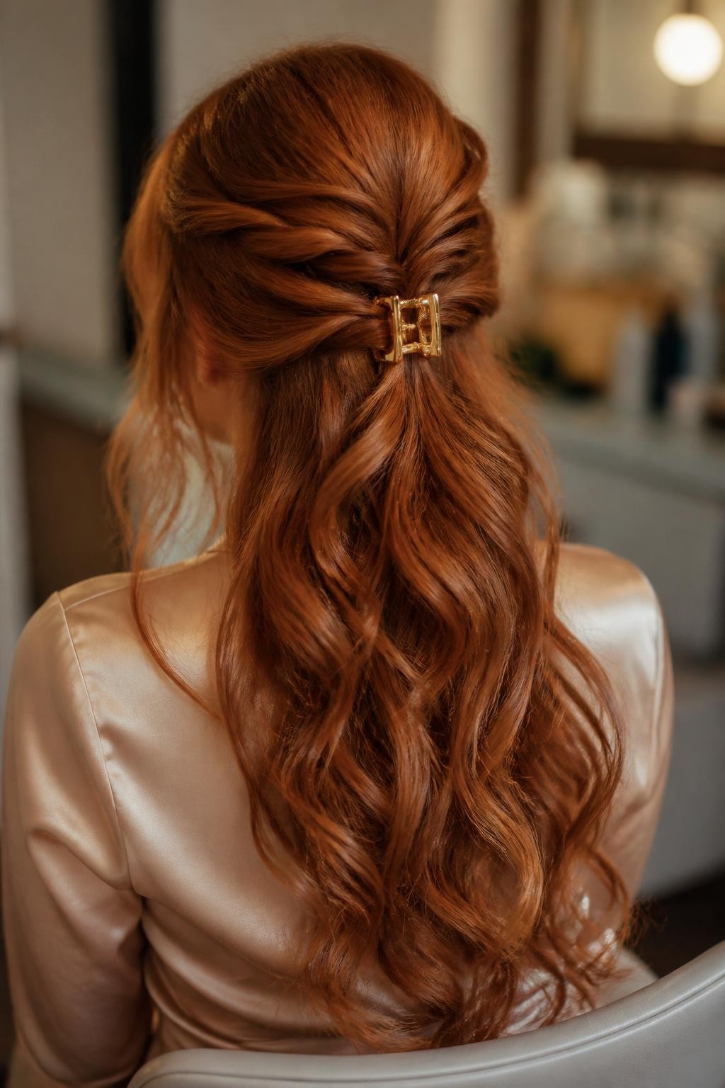 Image Prompt:
A realistic close-up back-view hairstyle photo of a woman with long auburn hair styled half up half down with the top section twisted before being secured with a medium gold claw clip, loose soft curls falling down the back, warm copper hair color, satin champagne blouse, softly blurred indoor background, elegant romantic hairstyle inspiration, DSLR photo quality, no text, (no watermarks on images)