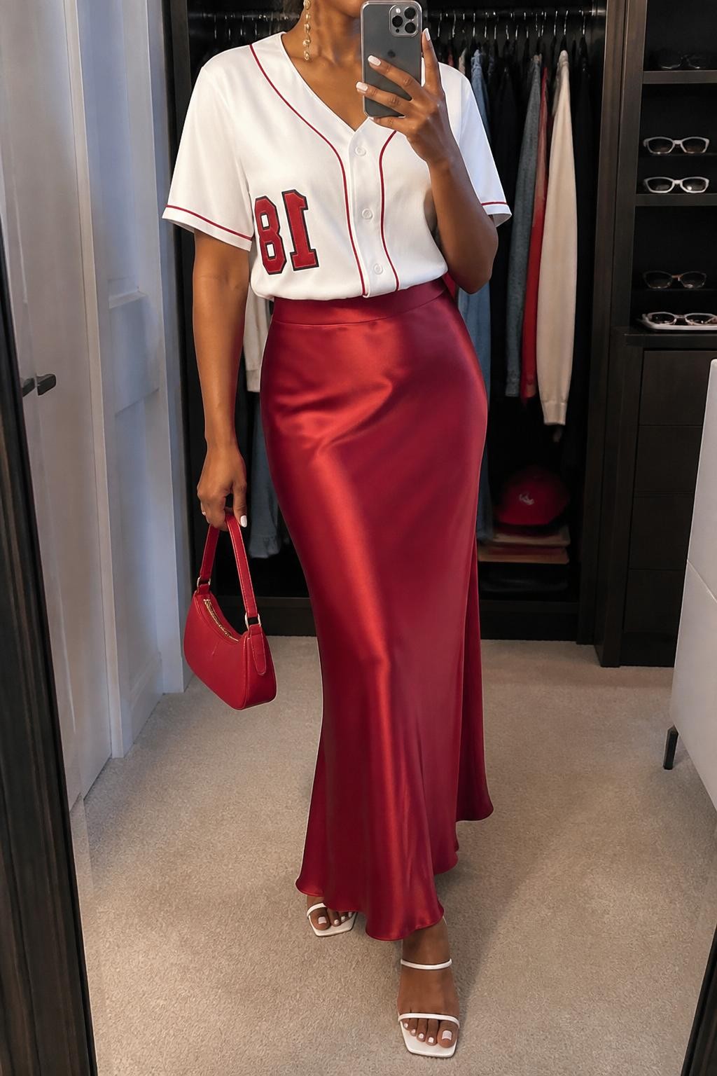 mirror selfie of a Black woman wearing a white button-front baseball jersey tucked into a red satin maxi skirt, white strappy heels, red mini handbag, and gold drop earrings, clearly showing the same clothing items, colors, fabrics, and accessories listed in the Outfit Pieces section, holding a phone in front of a mirror, cropped at NECK so the face does not show, with a relaxed casual selfie pose, in a walk-in closet mirror, soft indoor lighting, including an open closet with clothes visible and sunglasses placed on a dresser, latest iPhone photo quality.