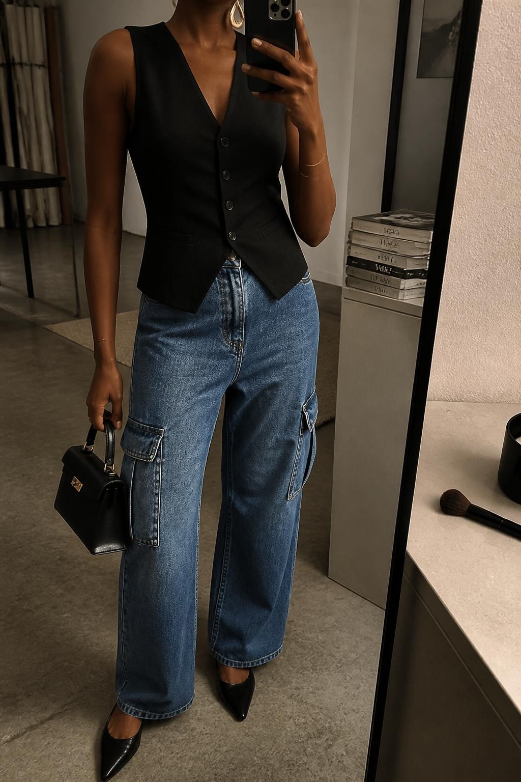 mirror selfie of a Black woman wearing medium blue denim cargo jeans, black sleeveless tailored vest buttoned at the front, black pointed slingback flats, black structured mini bag, and gold drop earrings, clearly showing the same clothing items, colors, fabrics, and accessories listed in the Outfit Pieces section, holding a phone in front of a mirror, cropped at NECK so the face does not show, with a relaxed casual selfie pose, in a fashion studio mirror corner, warm moody lighting, including a stack of fashion magazines on a side table and a makeup brush on the counter, latest iPhone photo quality.