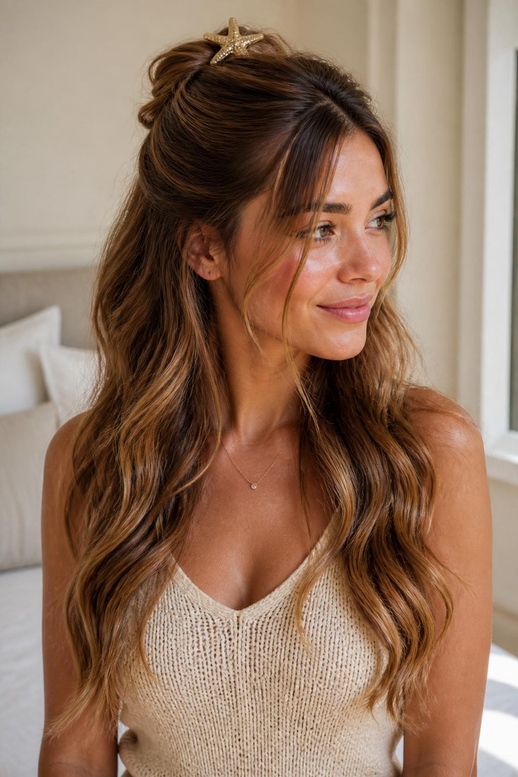 Image Prompt:
A realistic editorial beauty photo of a woman with long honey brown wavy hair styled in a soft half-up half-down hairstyle, the top section gently pulled back and secured with a gold star-shaped hair clip at the crown, loose face-framing tendrils, soft glossy waves flowing over the shoulders, cream knit top, delicate necklace, airy bedroom background, warm natural window light, feminine everyday hairstyle inspiration, high-resolution DSLR photo, no text, (no watermarks on images)