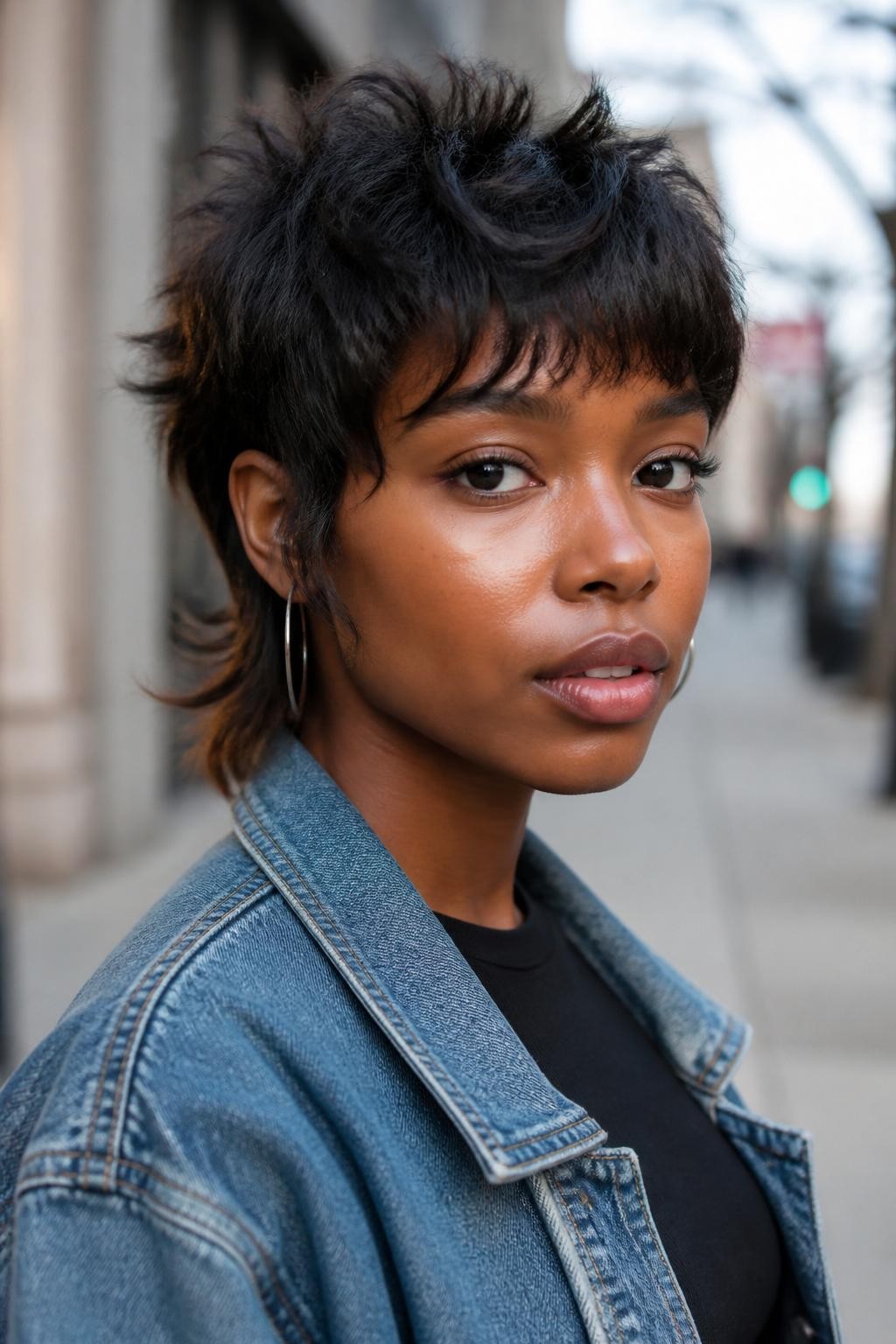 A realistic portrait of a Black woman with warm brown skin wearing a soft mullet haircut with choppy messy forehead fringe, dark espresso hair with soft cinnamon highlights at the ends, short textured crown layers, choppy fringe falling unevenly across the forehead, longer sideburn pieces, soft mullet length at the nape, piecey flipped ends, natural baby hairs, silver hoops, black fitted top under a denim jacket, photographed on a quiet city sidewalk in soft daylight, blurred street background, realistic hair texture, natural skin detail, modern street-style beauty portrait.