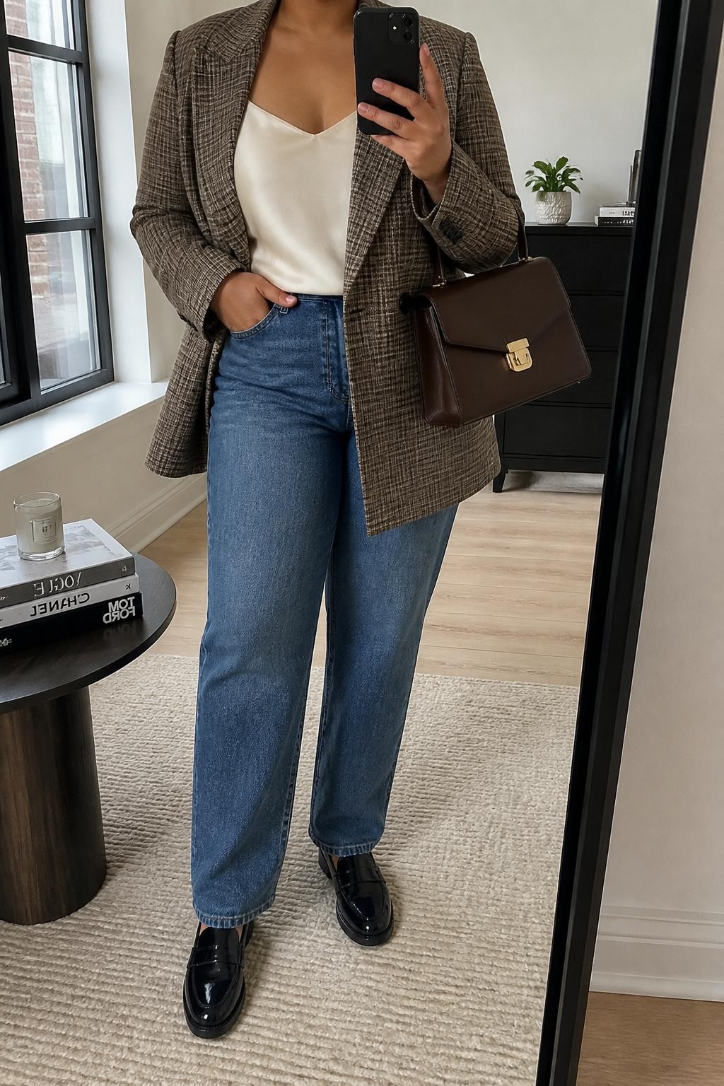 mirror selfie of a plus size woman wearing the exact outfit described above, a brown and gray plaid longline blazer layered over a soft cream satin cami, medium blue straight-leg jeans, black patent leather loafers, and espresso brown top-handle bag, clearly showing the same clothing items, colors, fabrics, and accessories listed in the Outfit Pieces section, holding a phone in front of a mirror, cropped at NECK so the face does not show, with a relaxed casual selfie pose, in a stylish city apartment, natural window light, including a stack of fashion magazines on a side table and a small plant on a dresser, latest iPhone photo quality.