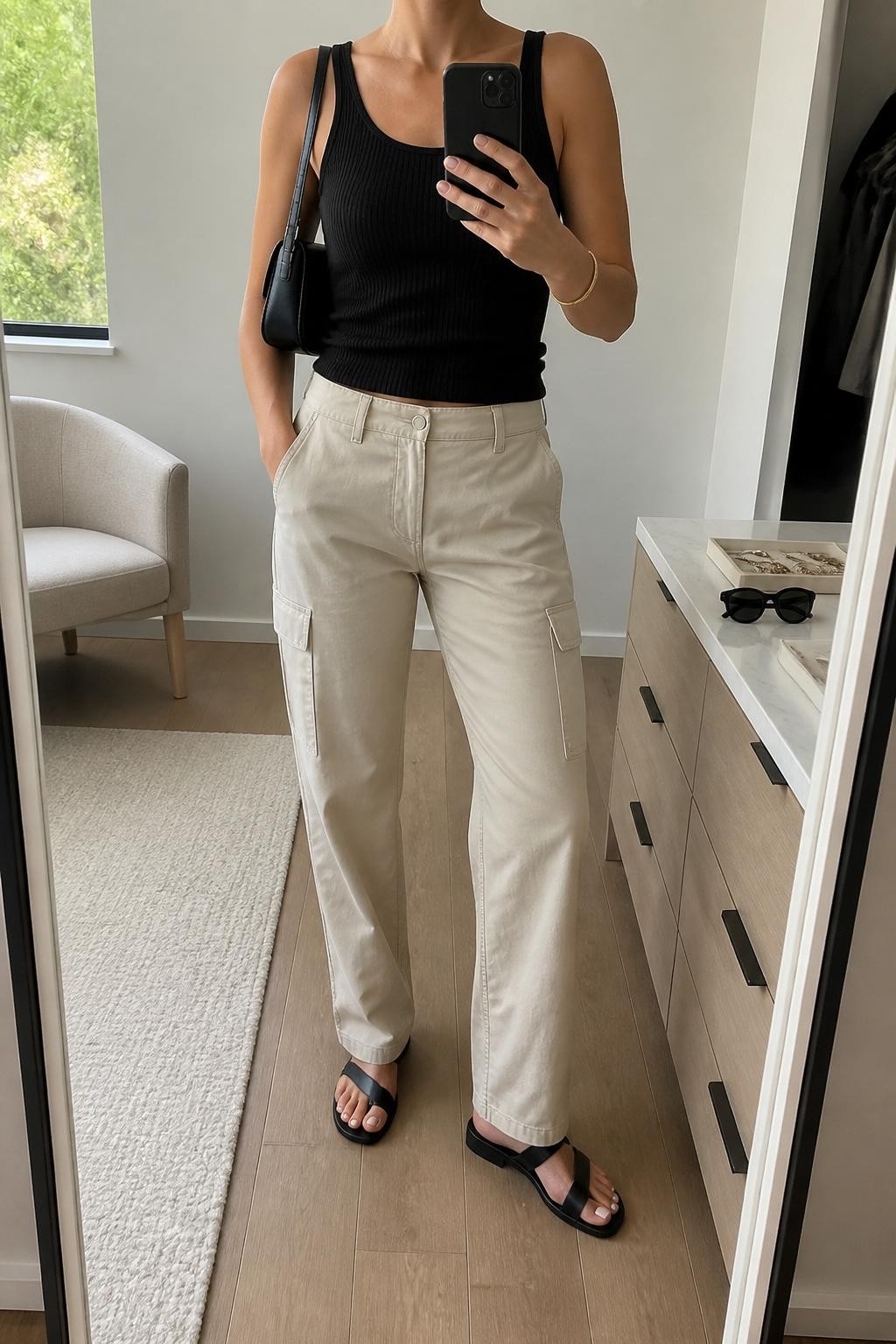 mirror selfie of a woman wearing beige straight-leg cargo pants, fitted black ribbed tank top, black leather flat sandals, black mini shoulder bag, and slim gold bangle bracelet, clearly showing the same clothing items, colors, fabrics, and accessories listed in the Outfit Pieces section, holding a phone in front of a mirror, cropped at NECK so the face does not show, with a relaxed casual selfie pose, in a minimal dressing room, natural window light, including sunglasses placed on a dresser and a jewelry tray on the vanity, latest iPhone photo quality.