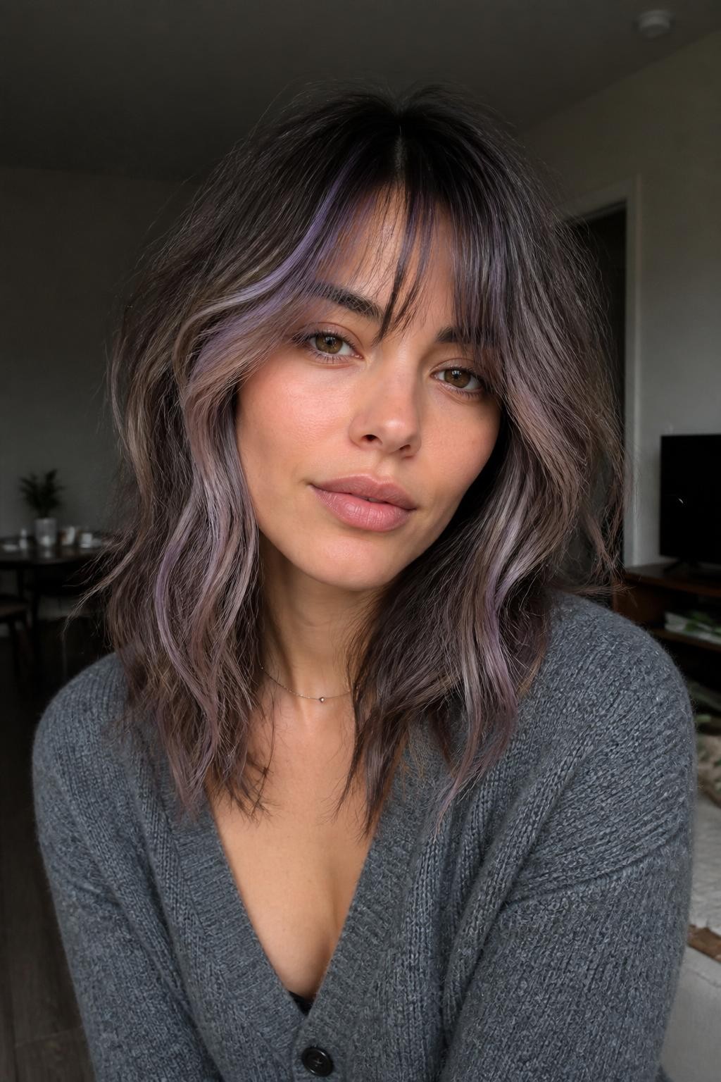 A realistic editorial portrait of a woman with light olive skin wearing a medium-length ash brown shag, muted lavender smoke halo around the fringe, temples, side pieces, and soft lower hairline, cool brown base with shadowed roots, lavender color soft and dusty, not neon, messy textured waves, wispy bangs, gray cardigan, blurred apartment background, soft window light, realistic flyaways, natural skin texture, modern salon color focus.