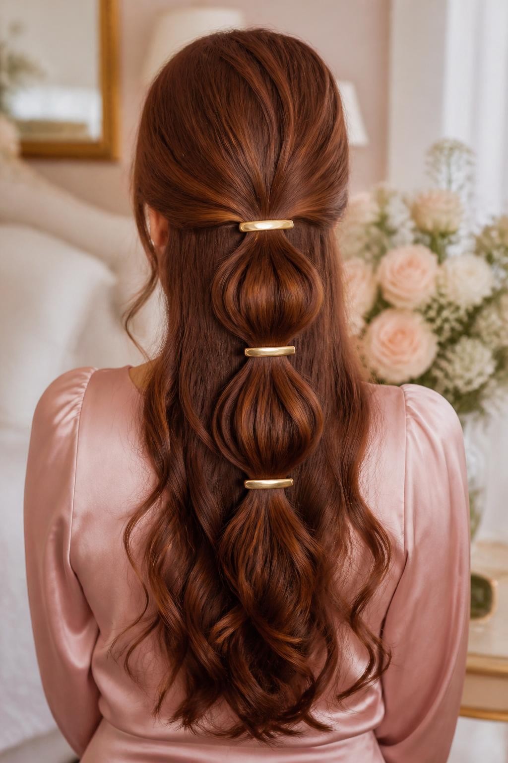 Image Prompt:
A realistic back-view editorial beauty photo of a woman with long auburn hair styled in a half-up hairstyle shaped into three soft bubble sections, each section accented with slim gold barrette clips, loose curled ends flowing down the back, blush satin blouse, softly blurred floral bedroom background, warm glowy lighting, creative feminine hairstyle inspiration, high-resolution DSLR photo, no text, (no watermarks on images)