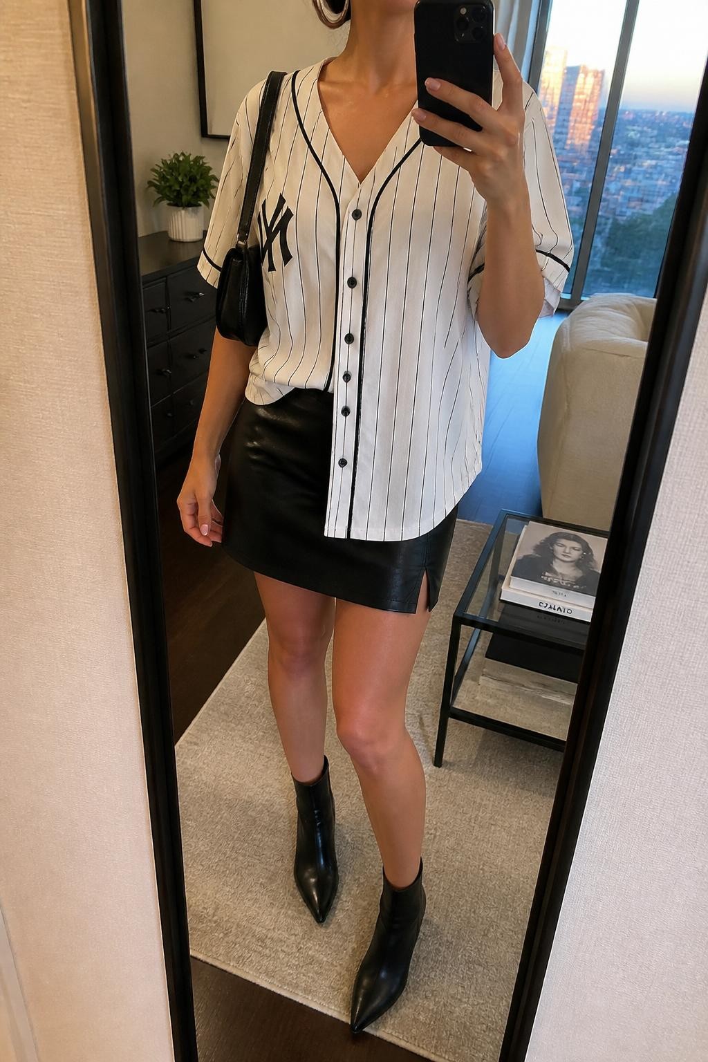 mirror selfie of a woman wearing a white pinstripe button-front baseball jersey, black faux leather mini skirt, black ankle boots, black mini shoulder bag, and chunky silver hoop earrings, clearly showing the same clothing items, colors, fabrics, and accessories listed in the Outfit Pieces section, holding a phone in front of a mirror, cropped at NECK so the face does not show, with a relaxed casual selfie pose, in a stylish city apartment, evening golden hour, including a small plant on a dresser and a stack of fashion magazines on a side table, latest iPhone photo quality.