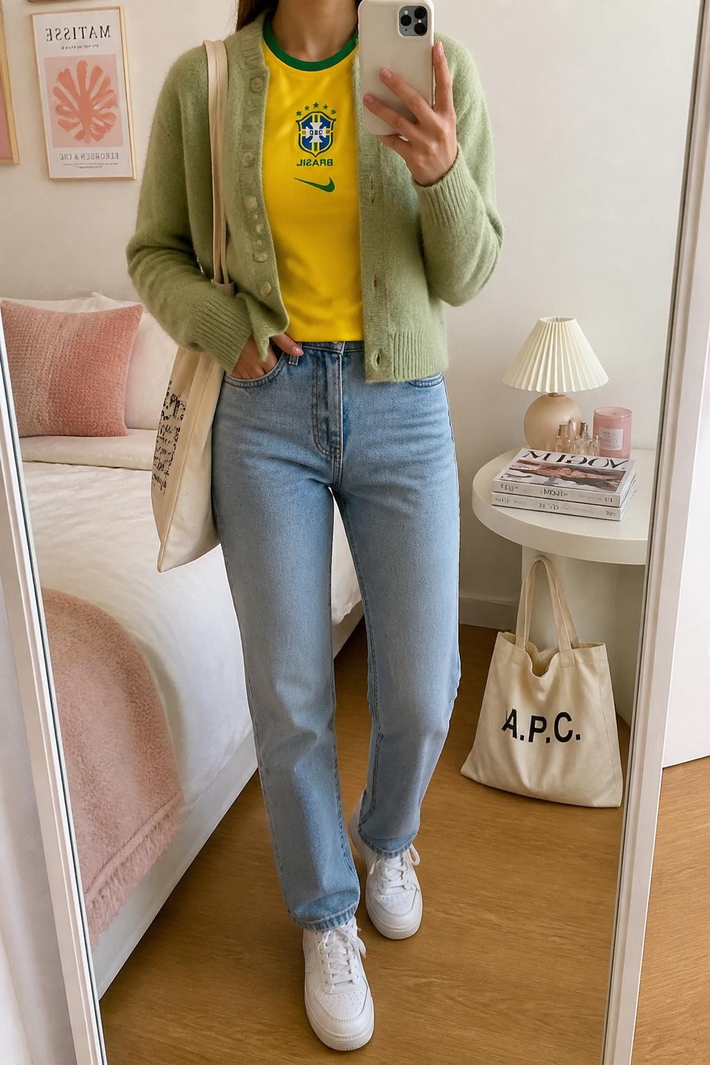 mirror selfie of a woman wearing a yellow Brazil soccer jersey layered under a soft green cropped knit cardigan, light blue straight-leg jeans, white leather sneakers, and cream canvas tote bag, clearly showing the same clothing items, colors, fabrics, and accessories listed in the Outfit Pieces section, holding a phone in front of a mirror, cropped at NECK so the face does not show, with a relaxed casual selfie pose, in a feminine-themed bedroom, soft indoor lighting, including a cream tote bag resting on the floor and a stack of fashion magazines on a side table, latest iPhone photo quality.