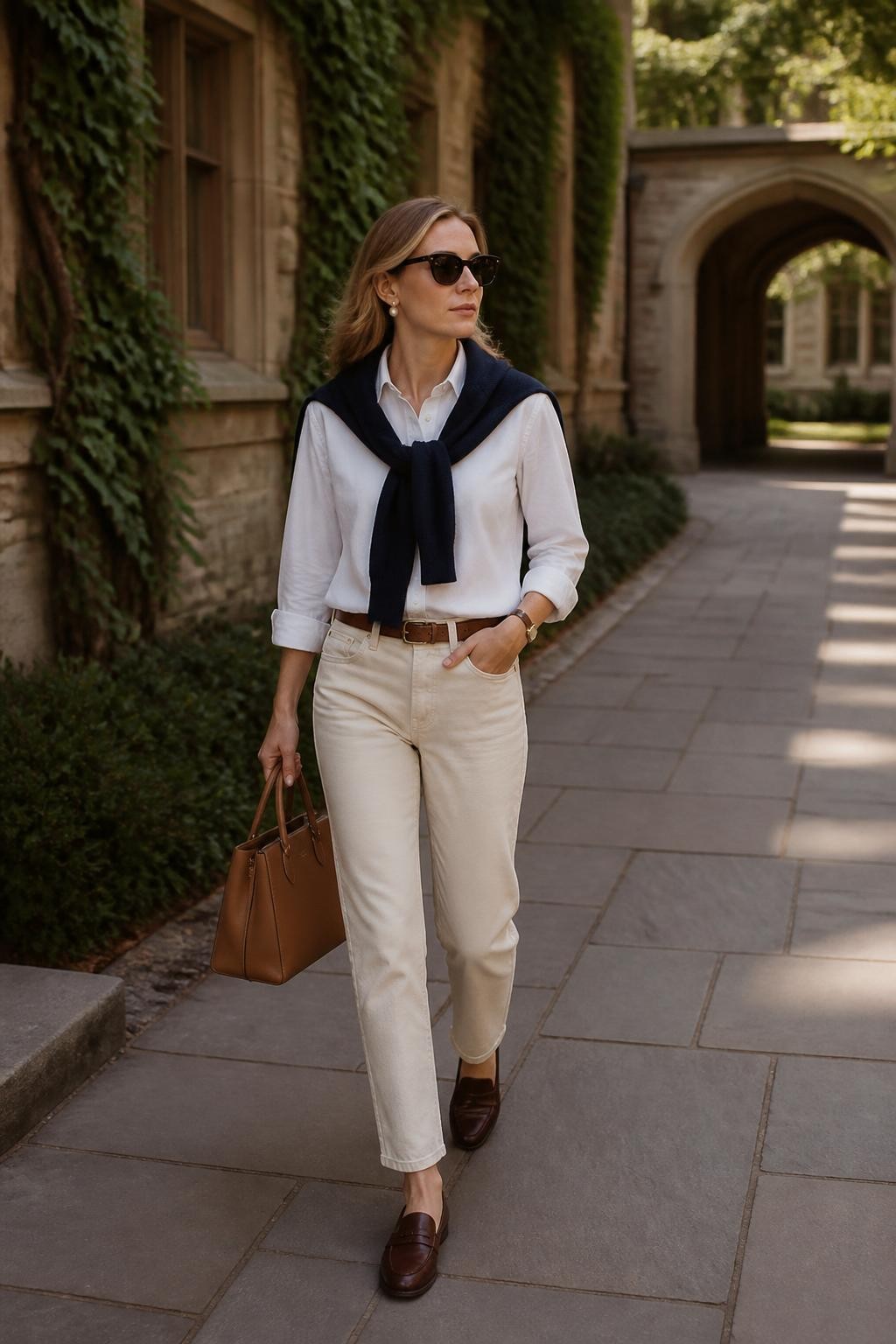 Image Prompt:
A classic old money casual outfit showing a woman wearing a crisp white button-down shirt with beige straight-leg jeans, a navy crewneck sweater draped neatly over her shoulders, brown loafers, a structured tan handbag, pearl earrings, and black sunglasses. She is walking through a quiet university-style courtyard with stone paths and ivy-covered walls. Realistic DSLR fashion editorial image, preppy quiet luxury mood, no text, no watermark.