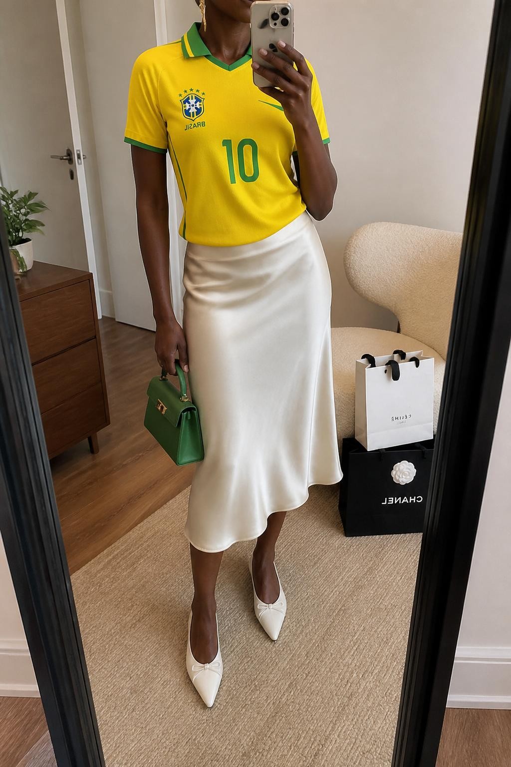 mirror selfie of a Black woman wearing a yellow Brazil soccer jersey tucked into an ivory satin midi skirt, white pointed ballet flats, emerald green mini handbag, and gold drop earrings, clearly showing the same clothing items, colors, fabrics, and accessories listed in the Outfit Pieces section, holding a phone in front of a mirror, cropped at NECK so the face does not show, with a relaxed casual selfie pose, in a stylish city apartment, soft indoor lighting, including shopping bags beside a chair and a small plant on a dresser, latest iPhone photo quality.