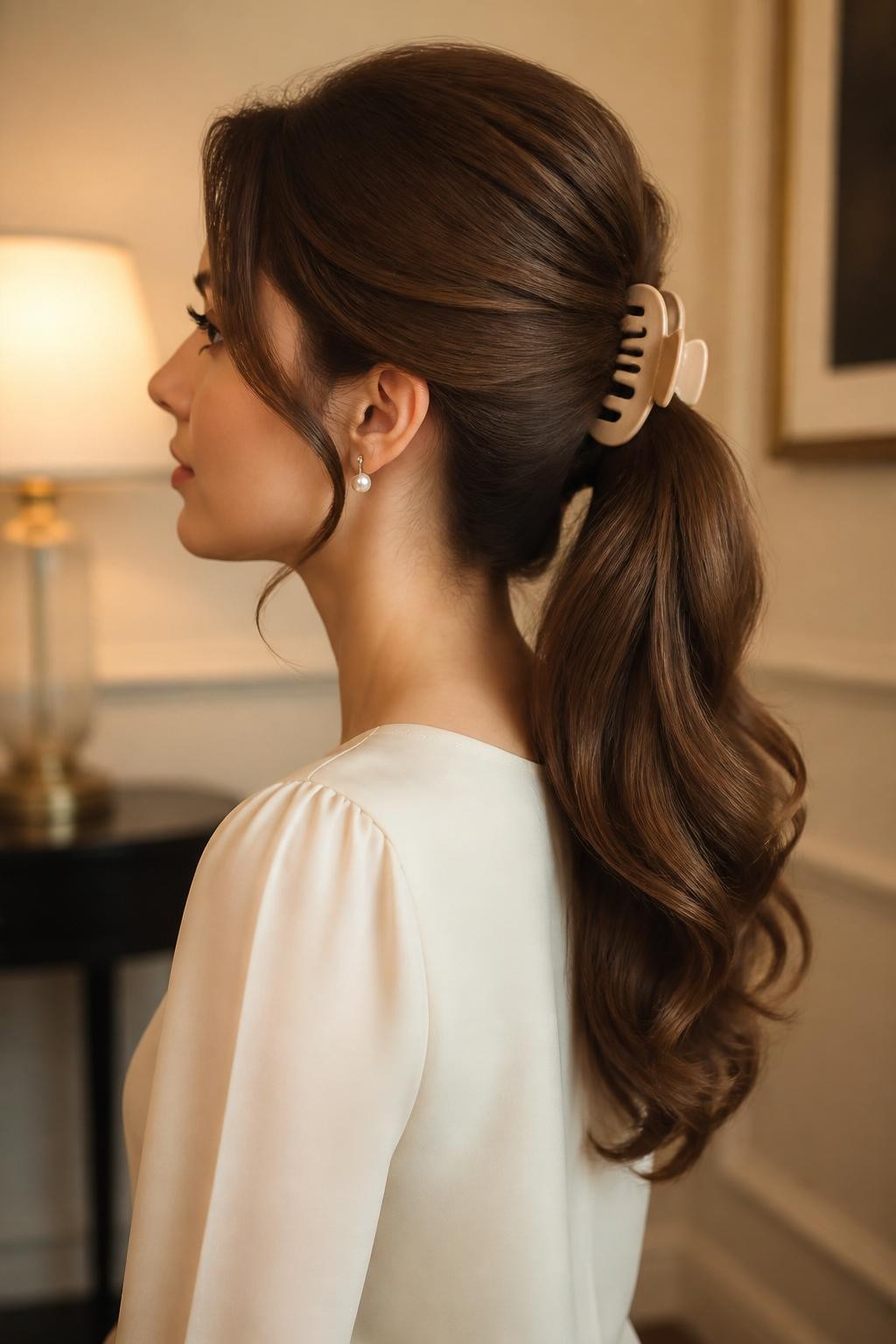 Image Prompt:
A realistic beauty photo of a woman with long chestnut brown hair styled into a classic banana clip ponytail, soft volume at the crown, curled ends falling neatly at the back, beige banana clip, side profile view, cream blouse, pearl earrings, warm indoor light, elegant simple hairstyle inspiration, high-resolution DSLR photo, no text, (no watermarks on images)