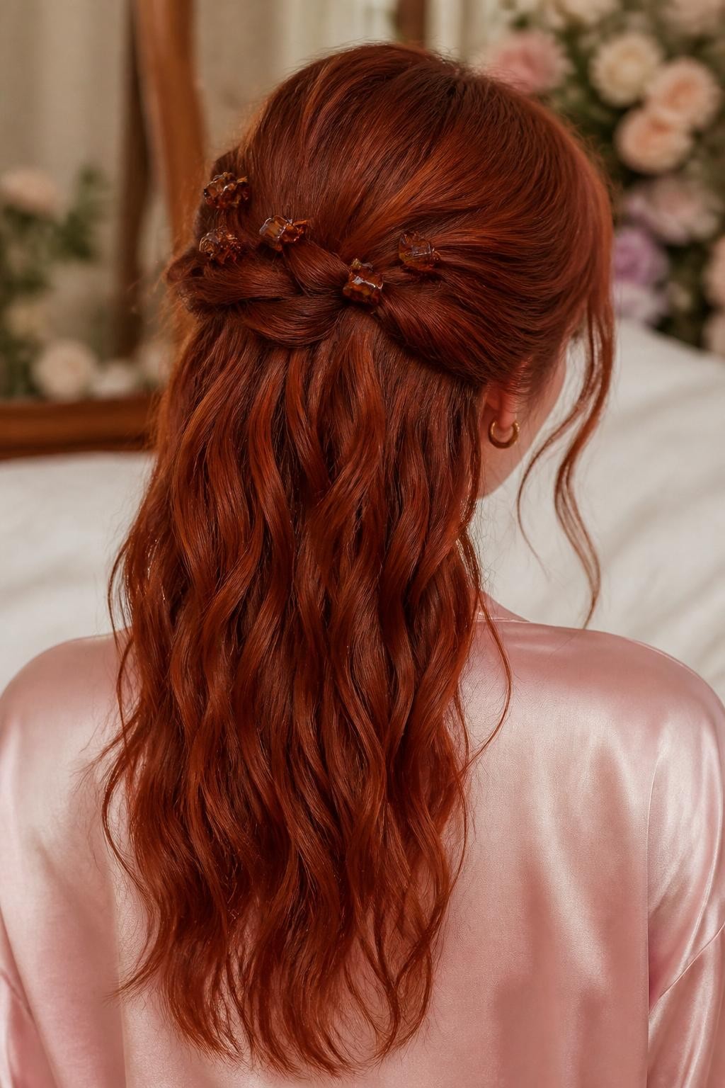 Image Prompt:
A realistic back-view hairstyle photo of a woman with medium-long auburn hair styled with several tiny mini claw clips placed across a loose crown section, soft messy waves flowing down the back, wispy pieces around the sides, blush satin blouse, softly blurred floral bedroom background, warm glowy lighting, creative feminine hairstyle inspiration, high-resolution DSLR photo, no text, (no watermarks on images)