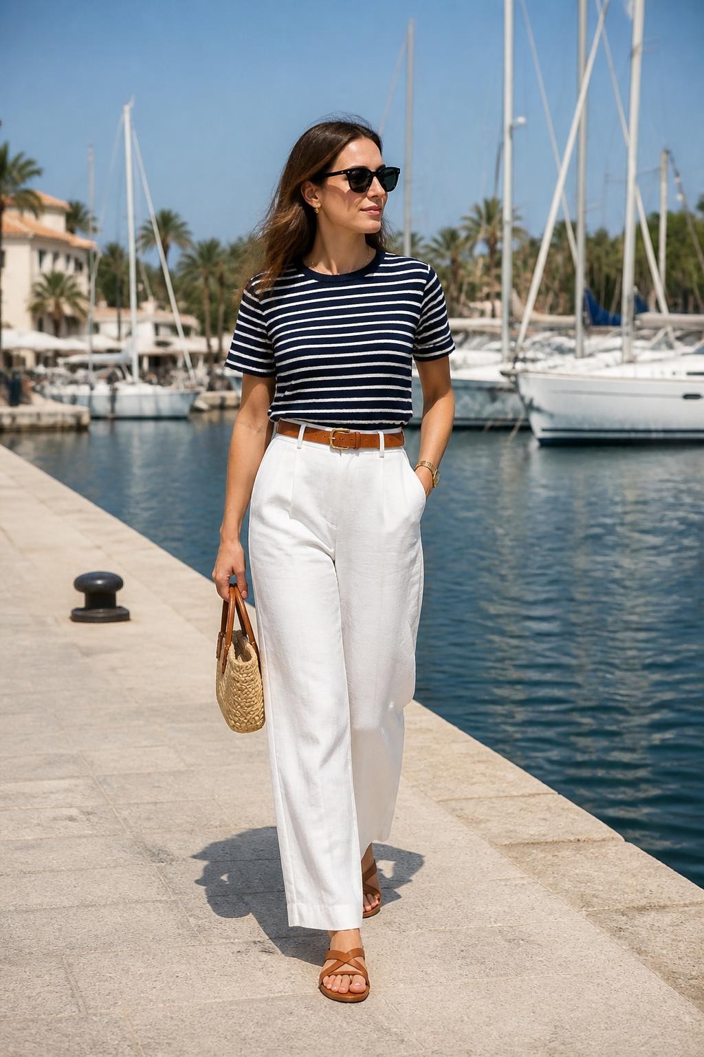 Image Prompt:
A chic old money summer outfit showing a woman wearing a navy and white striped short-sleeve knit top with high-waisted white linen pants, tan leather sandals, a slim brown belt, gold watch, small woven handbag, and classic black sunglasses. She is walking near a marina with sailboats in the background, soft blue sky, clean coastal lighting, and a polished nautical feel. Realistic DSLR fashion photo, full-body shot, elegant summer styling, no text, no watermark.