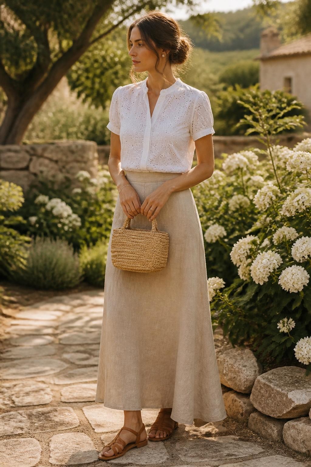 Image Prompt:
A soft old money summer outfit featuring a woman wearing a white eyelet short-sleeve blouse tucked into a beige linen maxi skirt, with tan leather sandals, a small woven handbag, pearl earrings, and a loose low bun. She is standing in a sunny countryside garden with white flowers, stone paths, and soft golden light. Realistic editorial fashion photo, feminine summer styling, quiet luxury countryside mood, no text, no watermark.