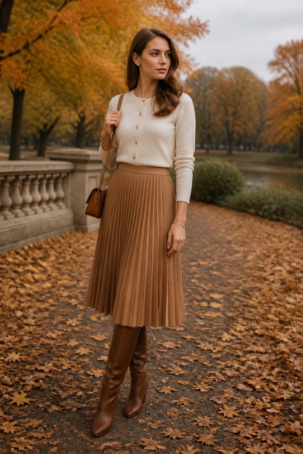 Image Prompt:
A feminine old money autumn outfit showing a woman wearing a cream button-front cardigan tucked into a camel pleated midi skirt, brown knee-high leather boots, a small tan handbag, pearl earrings, a slim gold bracelet, and soft curled hair. She is standing in a quiet park with golden autumn trees, fallen leaves, and soft cloudy daylight. Realistic fashion editorial photo, graceful fall styling, elegant neutral tones, no text, no watermark.