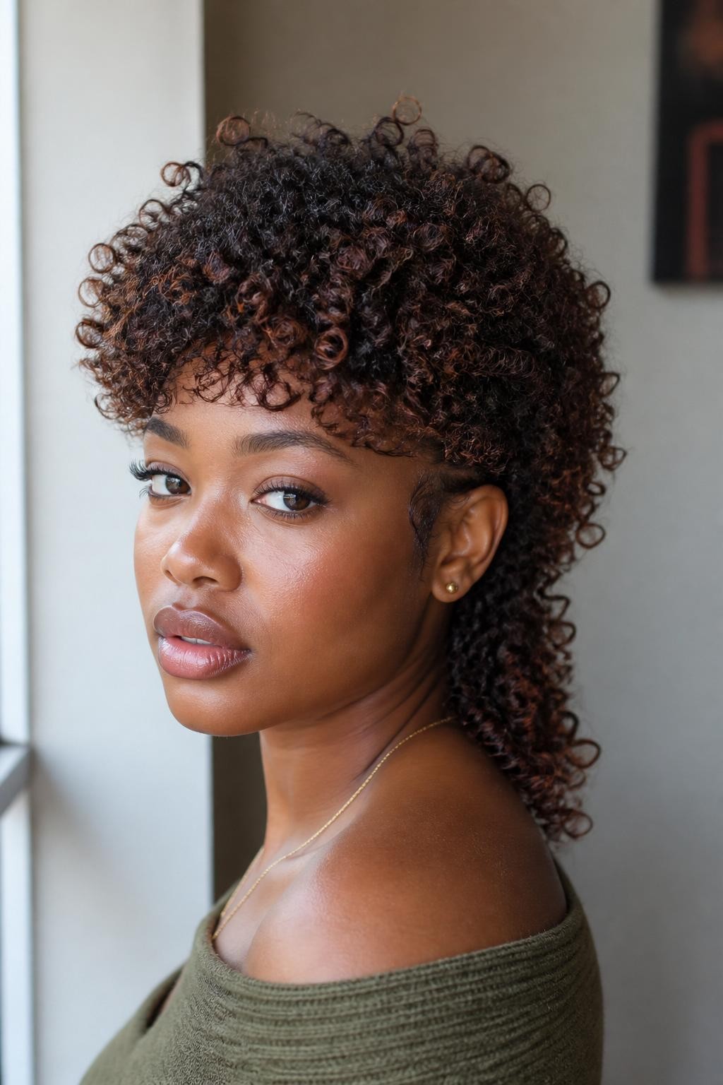 A realistic close-up portrait of a Black woman with warm medium-dark skin wearing a curly mixie pixie mullet, natural tight curls shaped with a full rounded crown, tapered sides, short curly fringe, longer defined curls at the nape creating a soft mullet tail, rich dark brown hair with subtle copper curl tips, natural baby hairs softly styled, gold studs, olive green off-shoulder knit top, photographed near a window with daylight, blurred neutral background, realistic curl definition with slight frizz, natural skin texture, editorial but not overly polished.