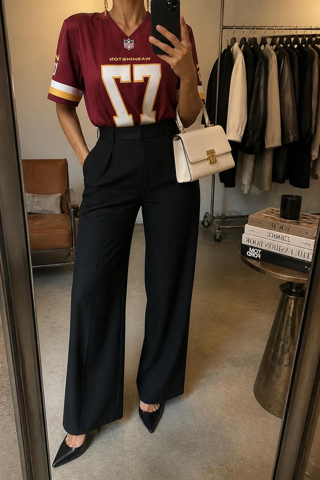 mirror selfie of a woman wearing a burgundy football jersey tucked into black high-waisted wide-leg trousers, black pointed pumps, cream structured mini bag, and gold drop earrings, clearly showing the same clothing items, colors, fabrics, and accessories listed in the Outfit Pieces section, holding a phone in front of a mirror, cropped at NECK so the face does not show, with a relaxed casual selfie pose, in a fashion studio mirror corner, warm moody lighting, including a clothing rack with garments behind and a stack of fashion magazines on a side table, latest iPhone photo quality.